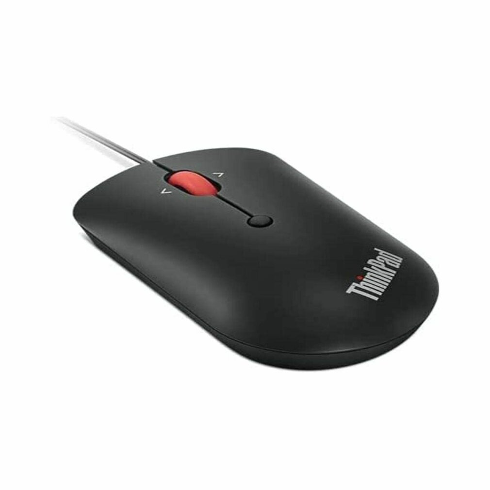 A black ThinkPad mouse with a red scroll wheel. The mouse is on a white surface and has a cable.