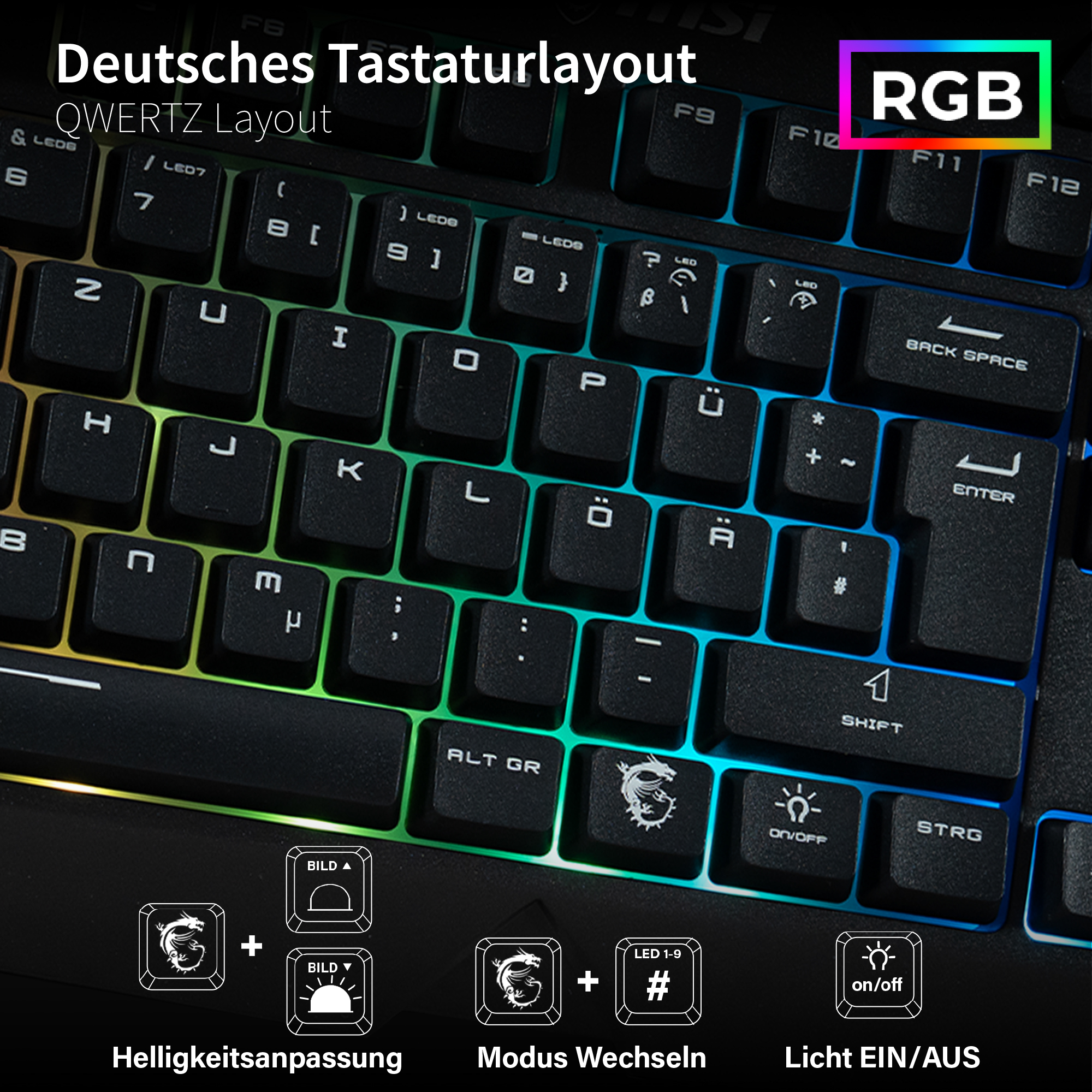 Schwarze Tastatur mit beleuchteten Tasten. Zeigt QWERTZ-Layout, RGB-Beleuchtung und Funktionstasten.