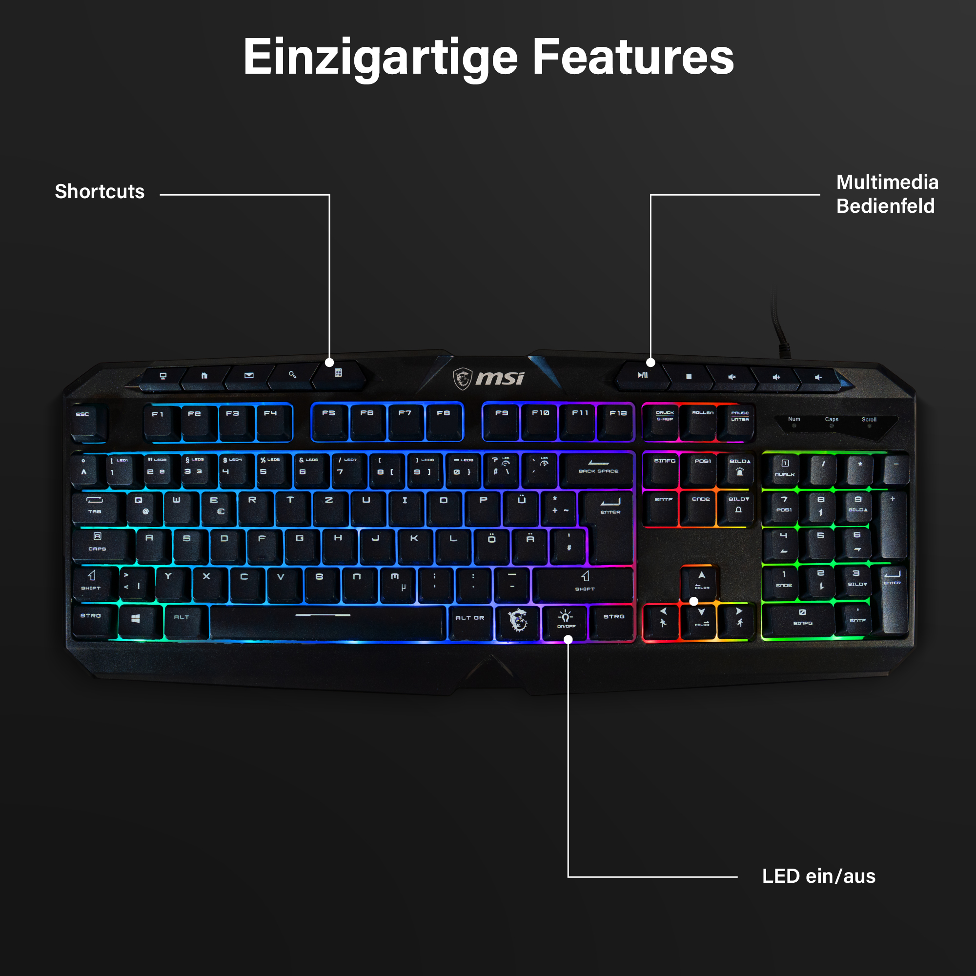 Eine schwarze MSI-Tastatur mit bunten LED-Lichtern. Sie hat Verknüpfungen, Multimedia-Steuerung und LED ein/aus.