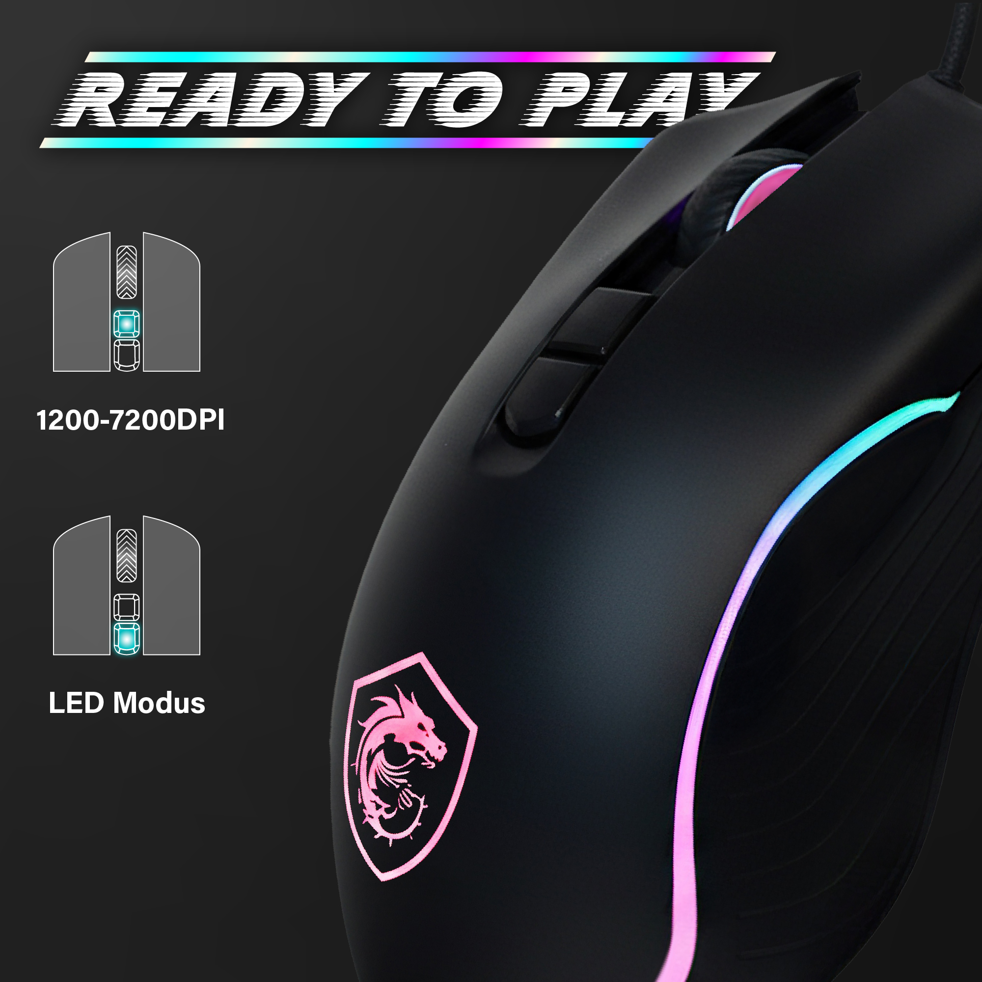 Schwarze Gaming-Maus mit RGB-Beleuchtung, MSI-Logo und Text "READY TO PLAY". Enthält DPI- und LED-Modus-Symbole.