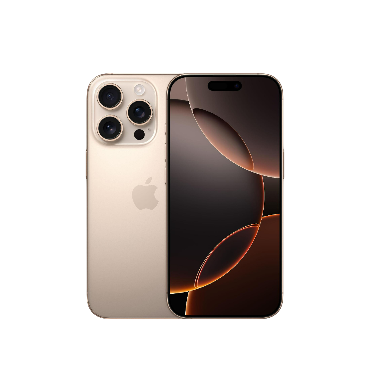 Ein goldenes iPhone mit drei Kameras und dem Apple-Logo. Der Bildschirm zeigt ein abstraktes orange-schwarzes Design.