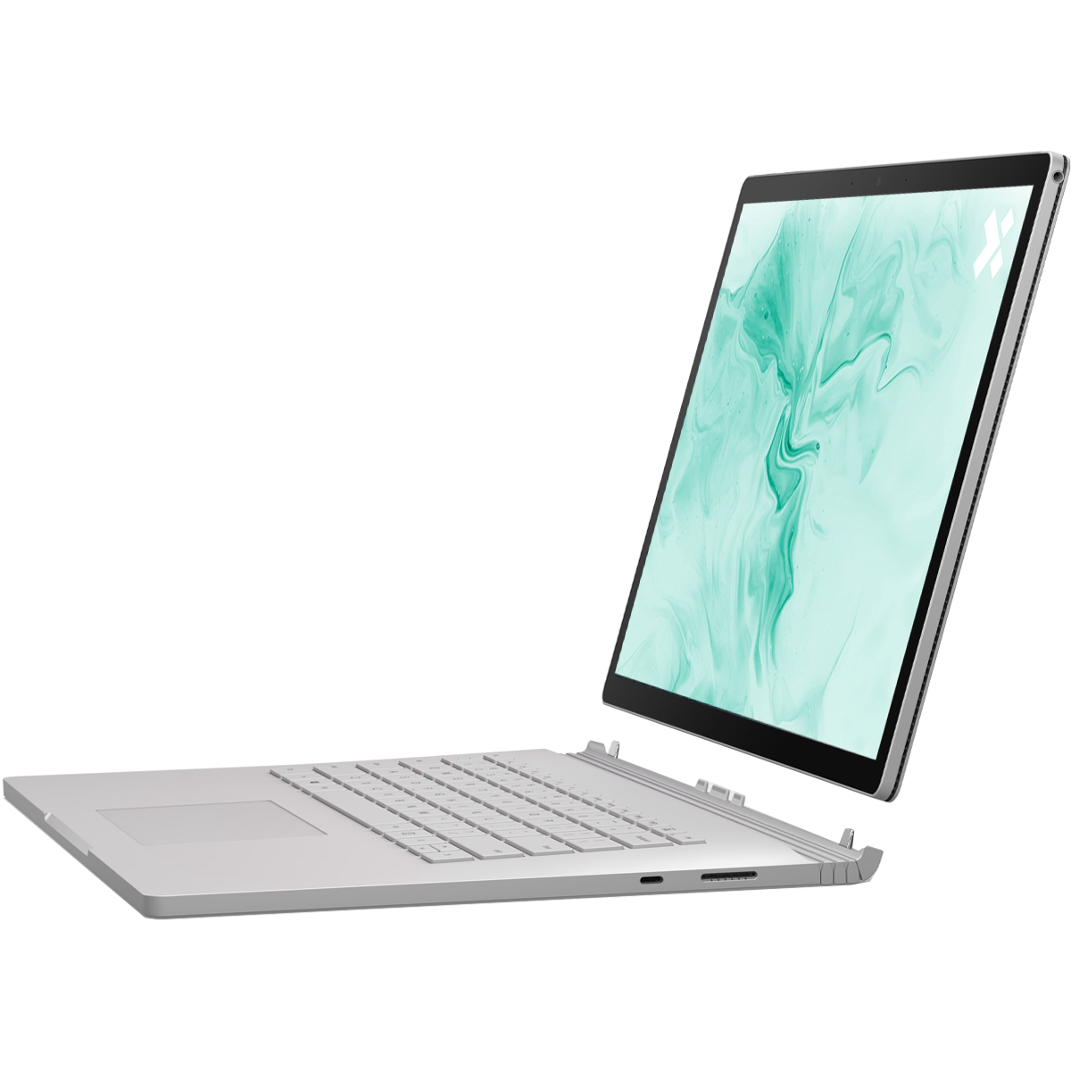 Een zilveren laptop staat open op een witte achtergrond. Het scherm toont een groen en wit patroon. Het toetsenbord en de trackpad zijn zichtbaar.