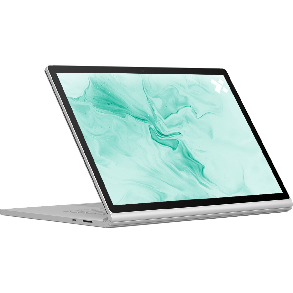 Een zilveren laptop is licht geopend en toont een groen gemarmerd scherm. De laptop staat op een wit oppervlak.