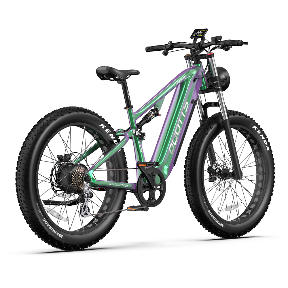 Ein Elektrofahrrad mit grün-violettem Rahmen, schwarzen Reifen und Sitz, Digitalanzeige und Scheibenbremsen vor weißem Hintergrund.