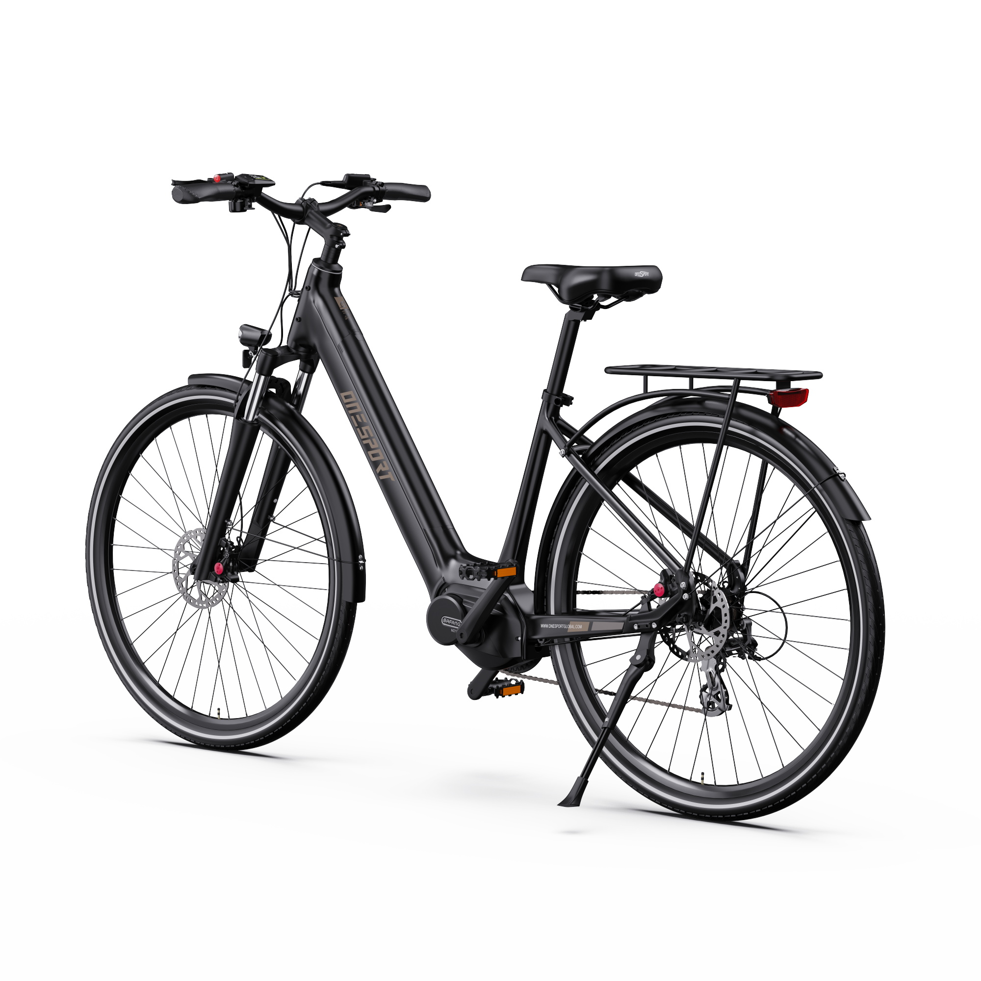 Bicicleta eléctrica negra sobre fondo blanco. Tiene portaequipajes, frenos de disco y la marca 'ONESPORT'.