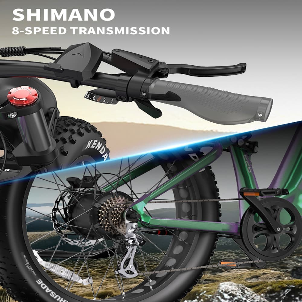 Primer plano de una bicicleta de montaña con transmisión Shimano de 8 velocidades. Se ven manillar, neumático, cadena, engranajes y cuadro.