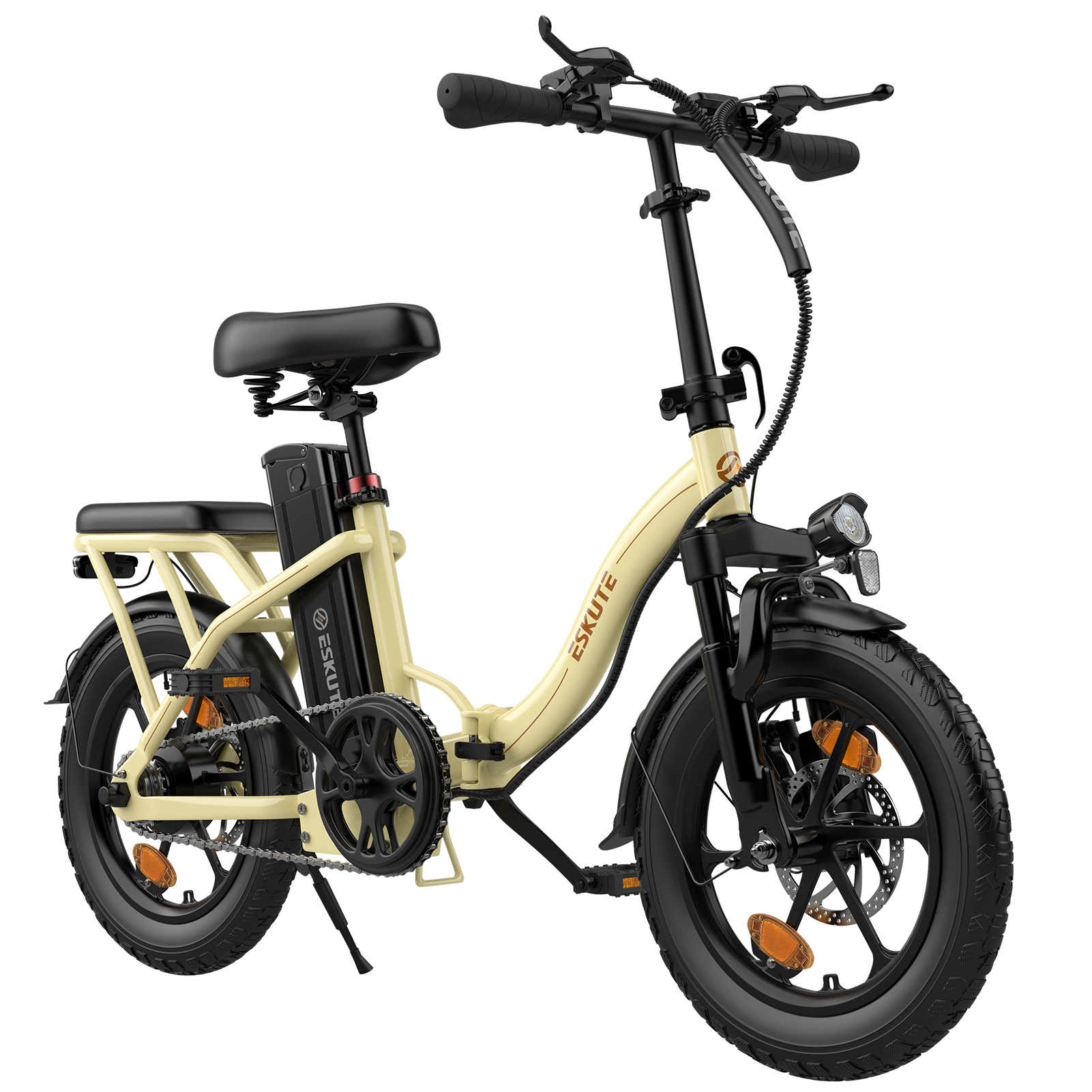 Cremefarbenes Elektrofahrrad auf weißem Hintergrund. Es hat schwarze Reifen, Sitz und Lenker. Der Markenname ist auf dem Rahmen sichtbar.