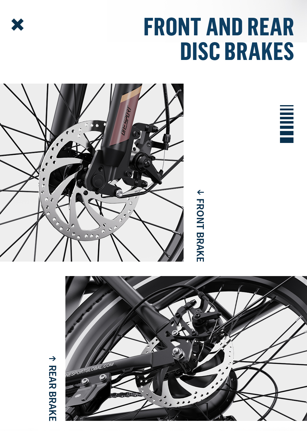 Primo piano dei freni a disco anteriori e posteriori di una bicicletta. Il freno anteriore è etichettato e il freno posteriore è visibile in basso.