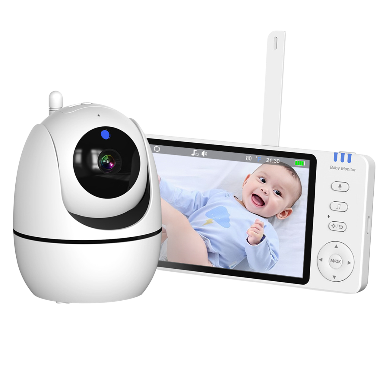 Ein Babyphone mit Bildschirm, der ein lächelndes Baby zeigt. Links ist eine weiße Kamera.