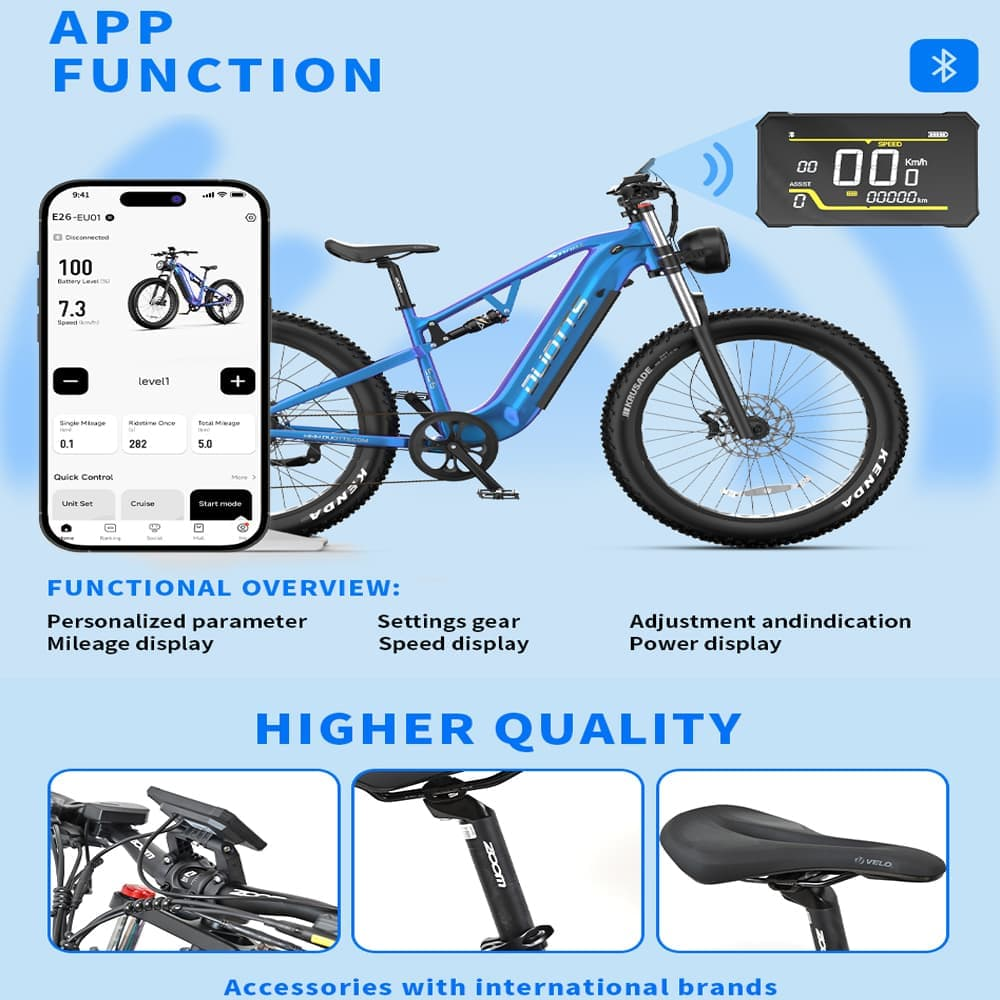 Bicicleta eléctrica azul con un teléfono que muestra su interfaz de aplicación. Se muestran detalles de los componentes y funciones de la aplicación.