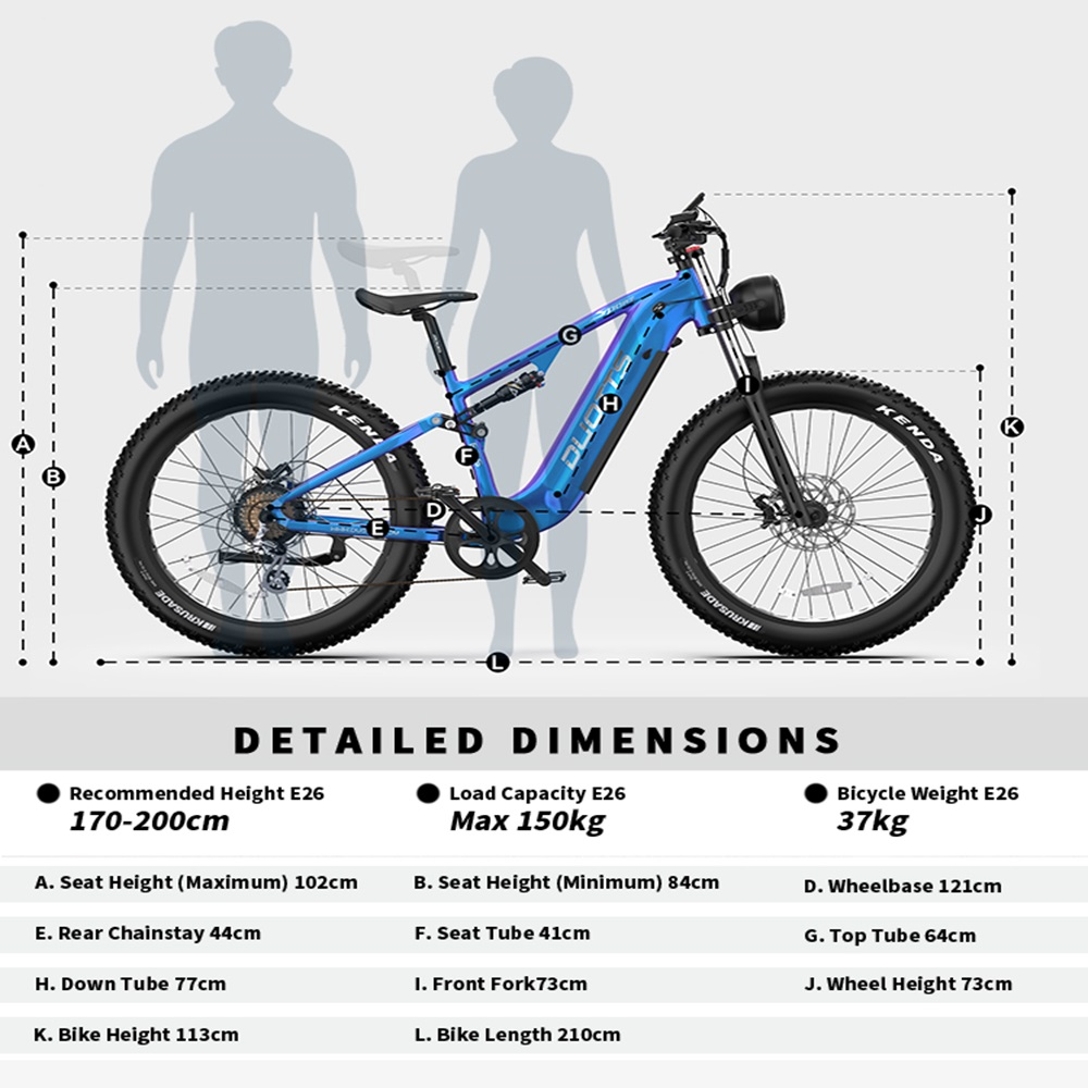 Una bicicleta eléctrica azul con dimensiones detalladas. Tiene neumáticos grandes y se muestra un diagrama con dimensiones y especificaciones.