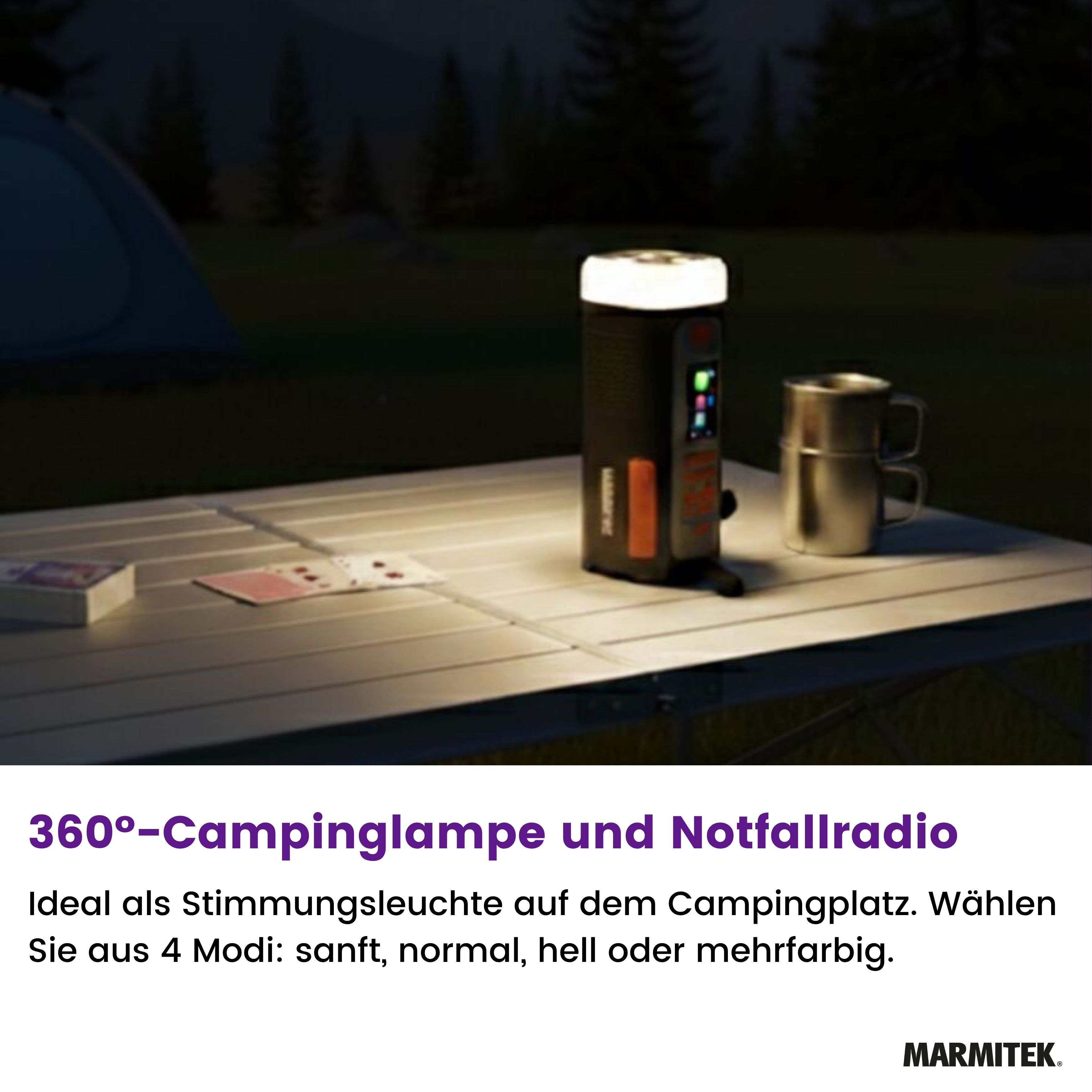 A camping scene at night with a lamp, mugs, and cards on a table. Trees and a tent are in the background.