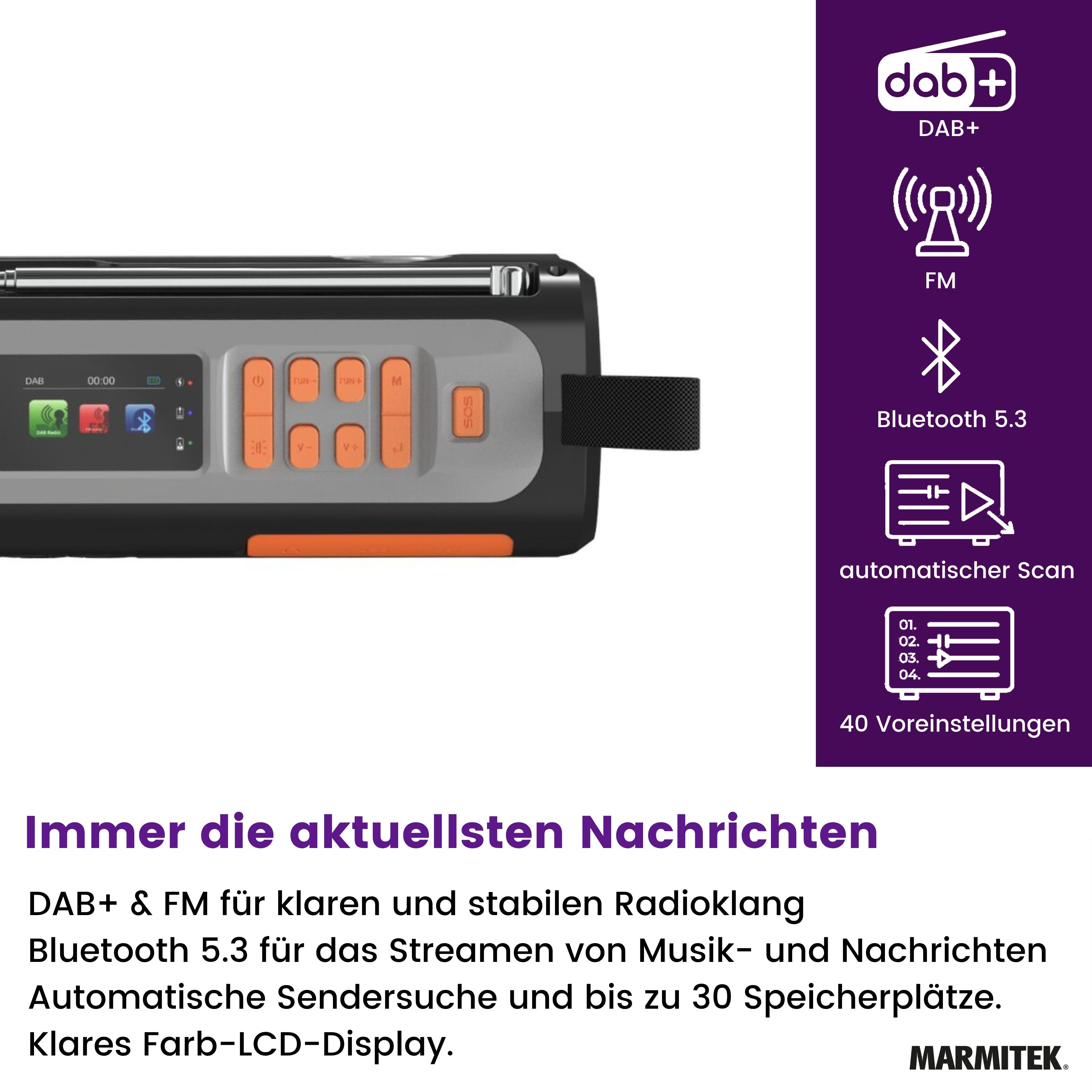 A black and orange radio with buttons and a screen. DAB+, FM, Bluetooth 5.3 icons are visible.