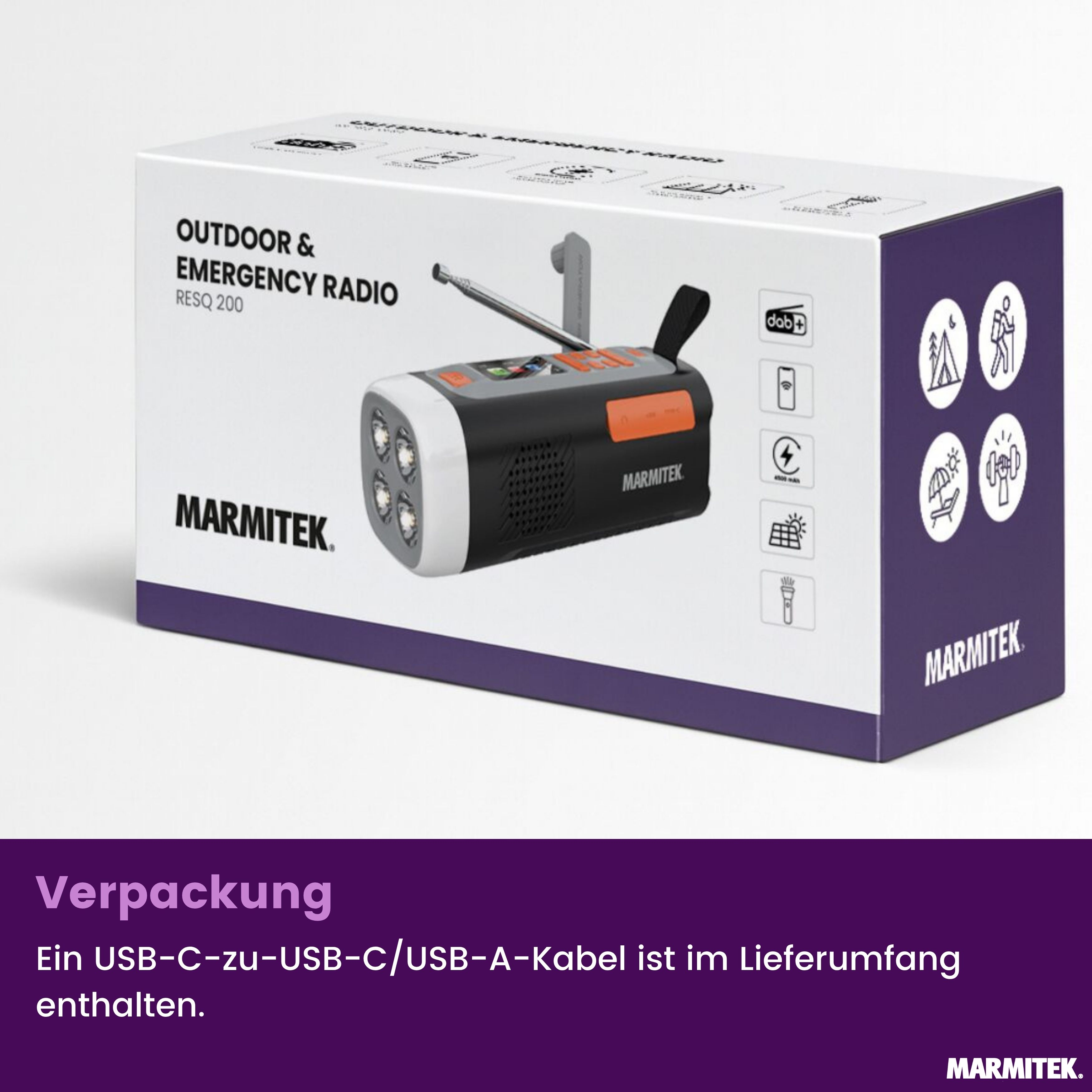 A box with an outdoor emergency radio. The radio is black and orange. The box is white and purple.