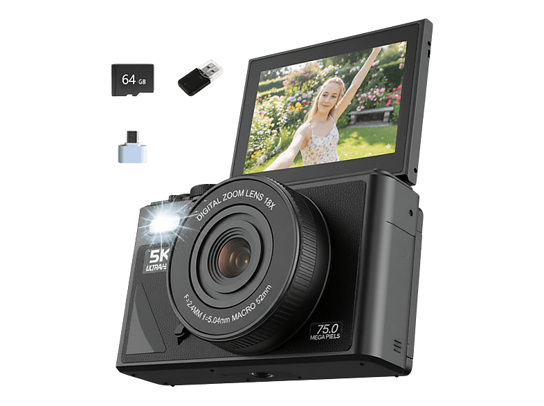 COSYHOMES 180° Klappdisplay 75MP 18X WiFi 64GB Digitalkamera