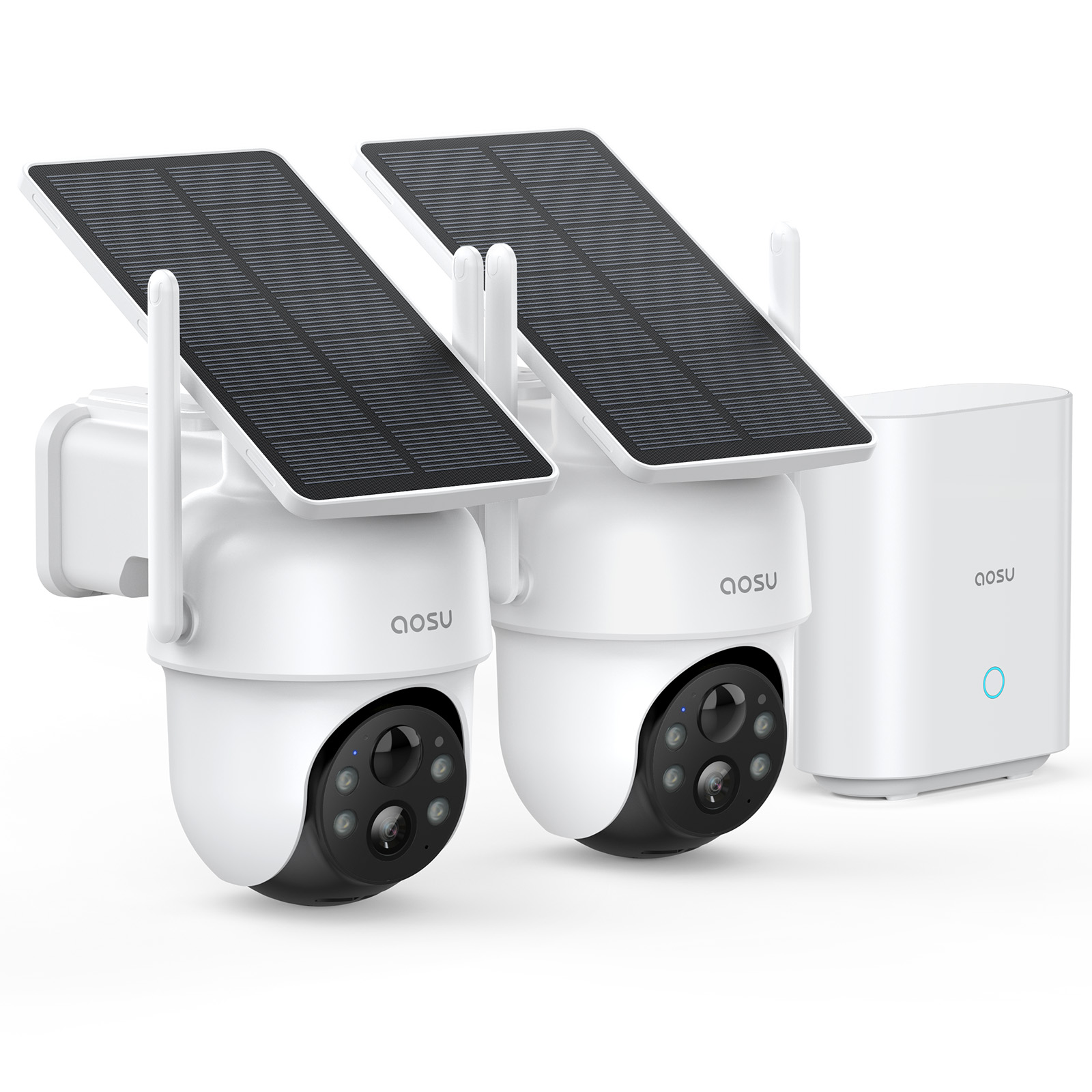 Twee witte beveiligingscamera's met zonnepanelen en een basisstation. Camera's hebben zwarte lenzen en merk 'aosu'.
