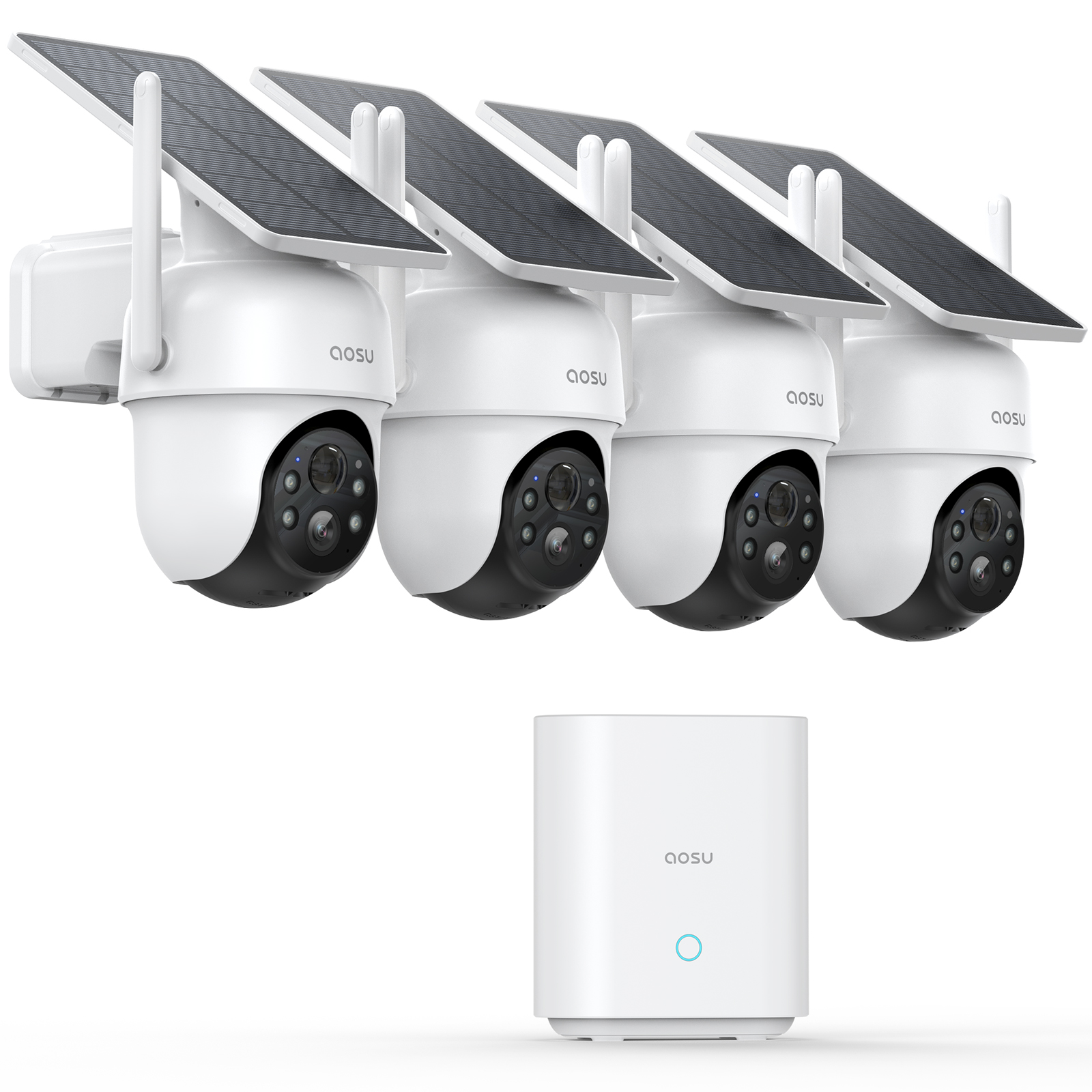 Four white security cameras with solar panels, and a white base station. All branded 'aosu'.