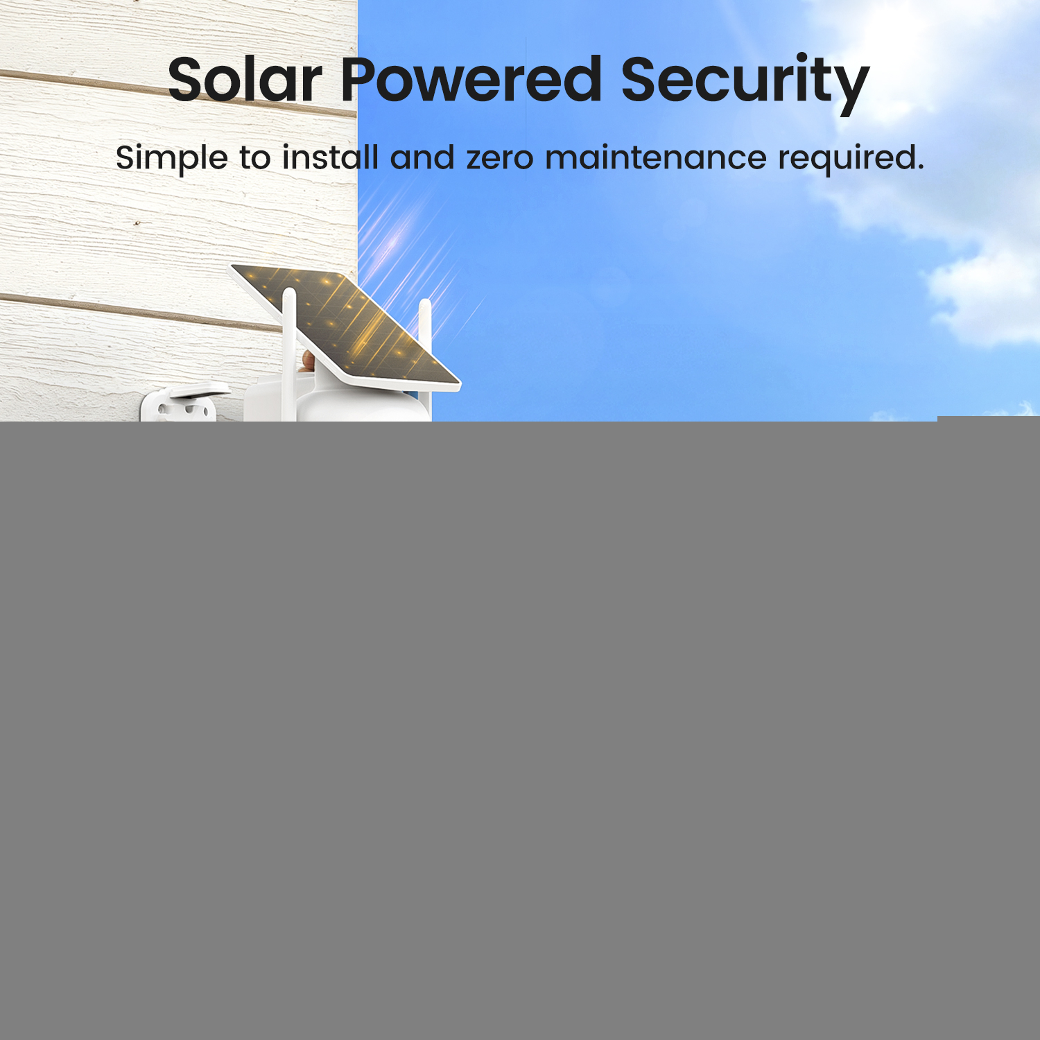 A white security camera with a solar panel is mounted on a wooden wall, blue sky in the background.