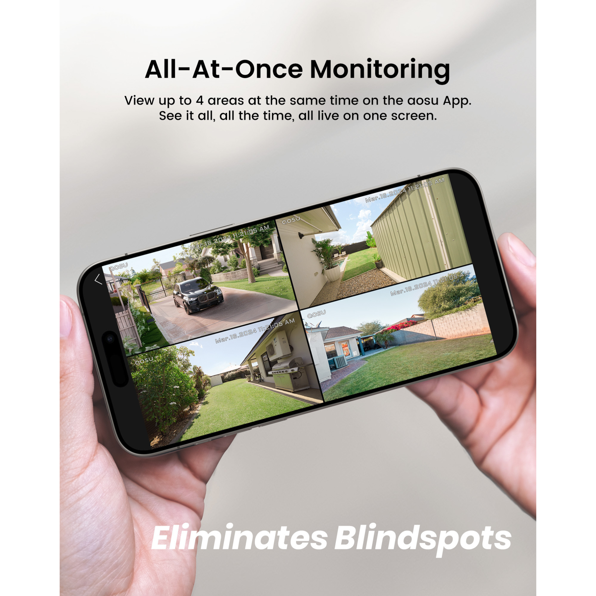 Een telefoon toont vier live videostreams. Tekst luidt 'All-At-Once Monitoring' en 'Eliminates Blindspots'.