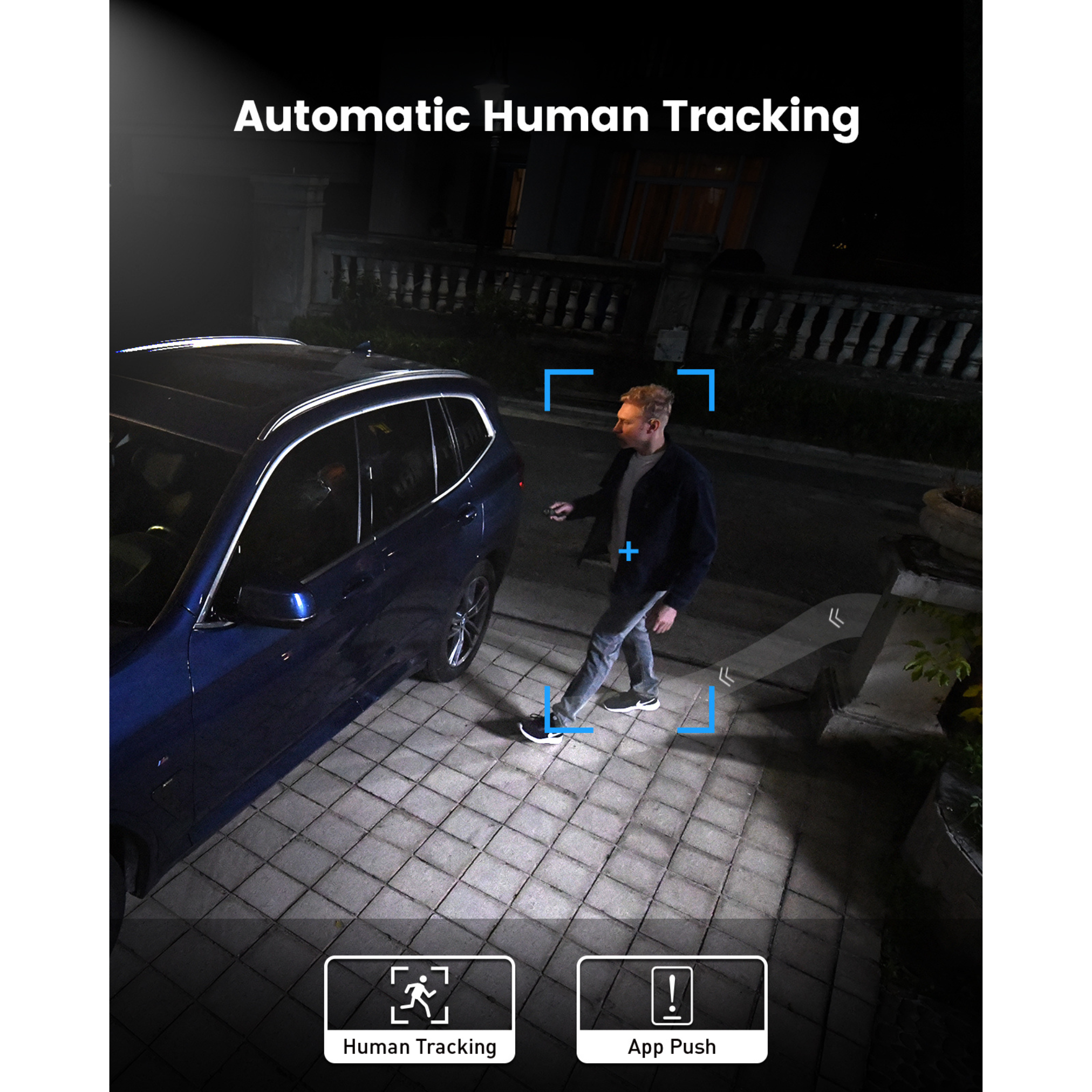 Ein Mann geht nachts an einem blauen Auto vorbei. Das Bild zeigt Symbole für Menschverfolgung und App-Push.