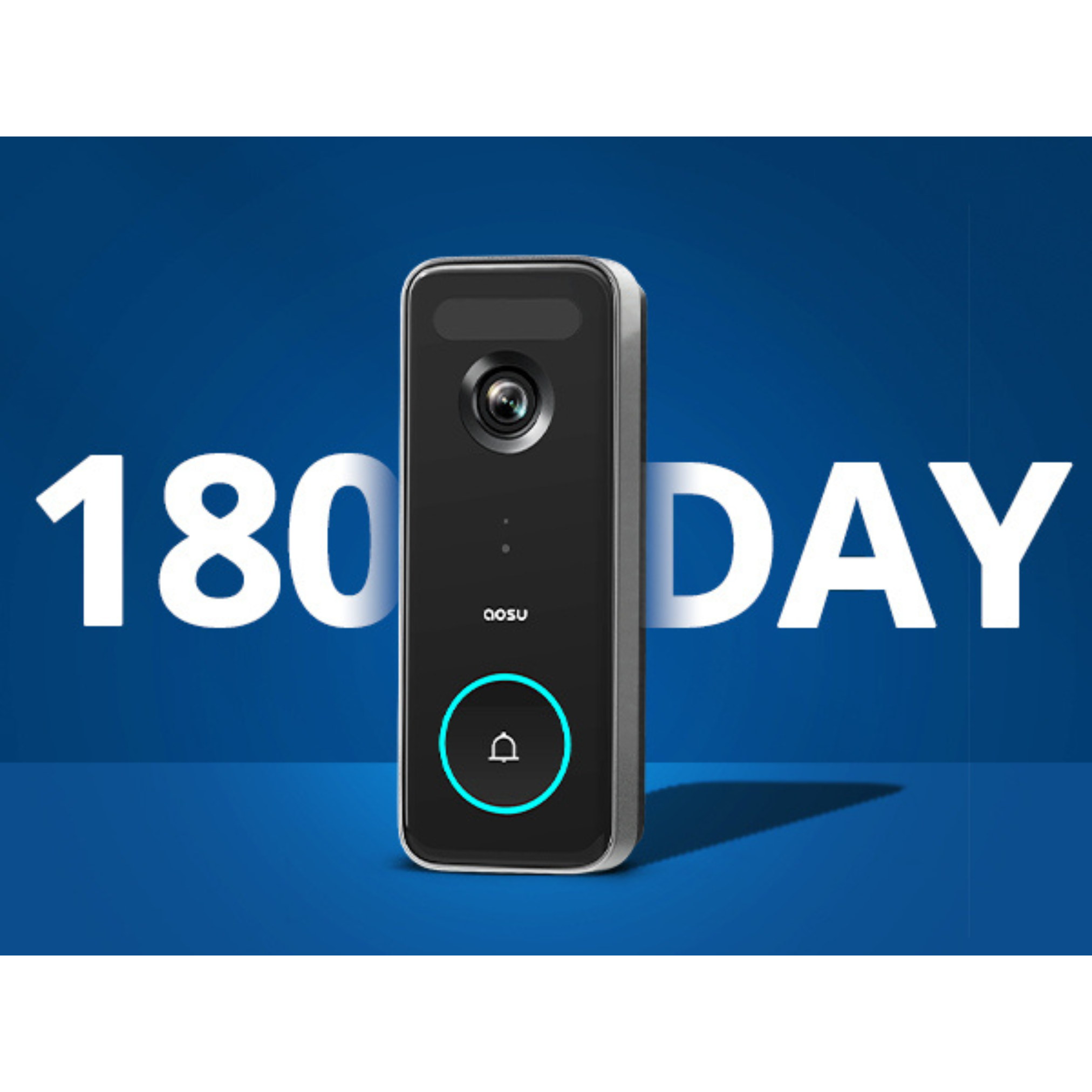 Een zwarte deurbel met camera en blauw verlichte knop. De tekst '180 DAY' staat op de achtergrond.