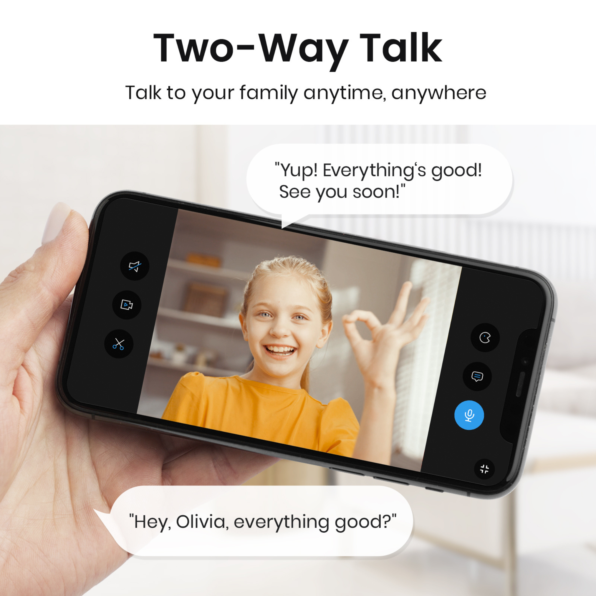 Een telefoon toont een videogesprek met een meisje dat het OK-teken maakt. Tekstballonnen tonen het gesprek.