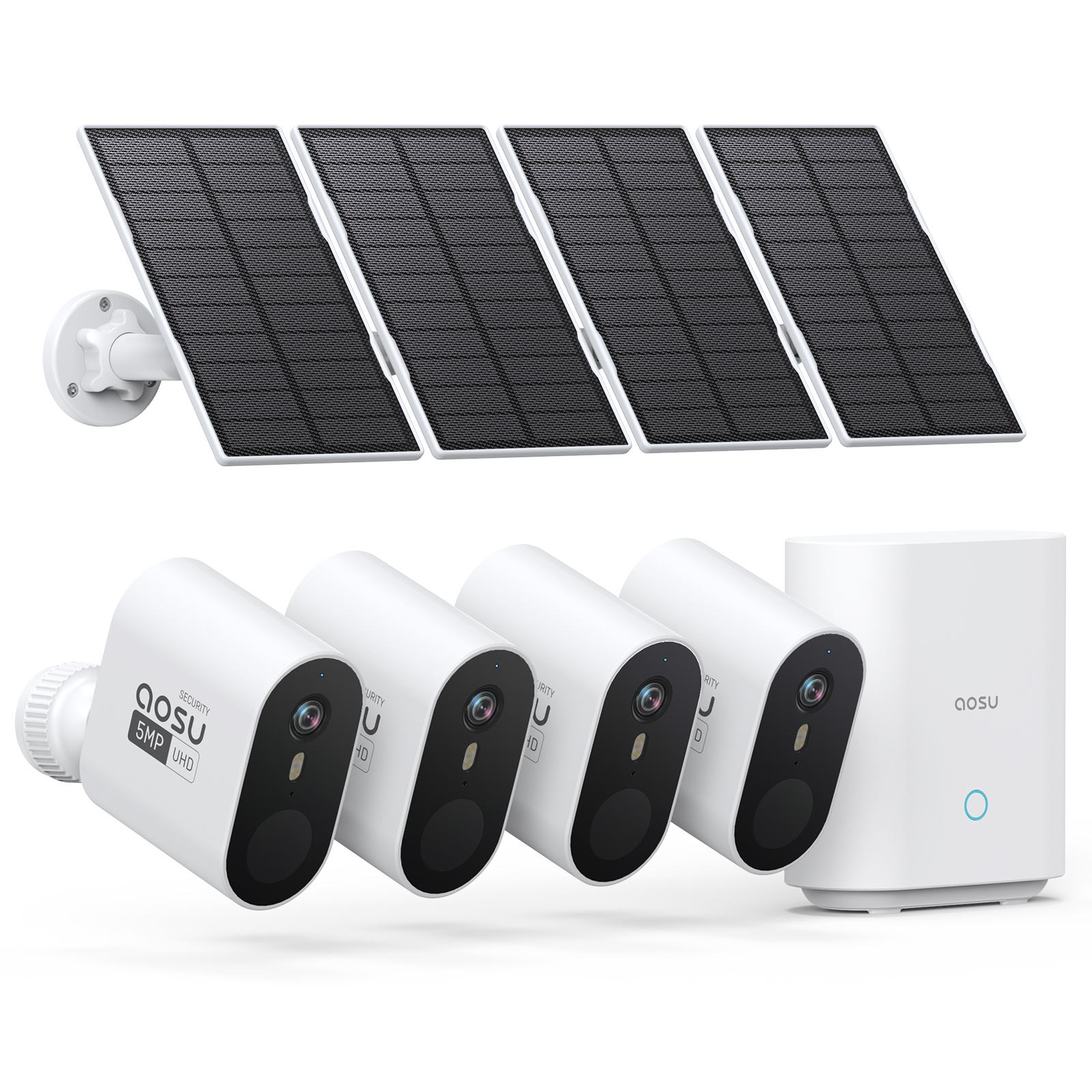 Een witte beveiligingscameras set met zonnepanelen. Bevat vier camera's, een basisstation en een zonnepaneelarray.