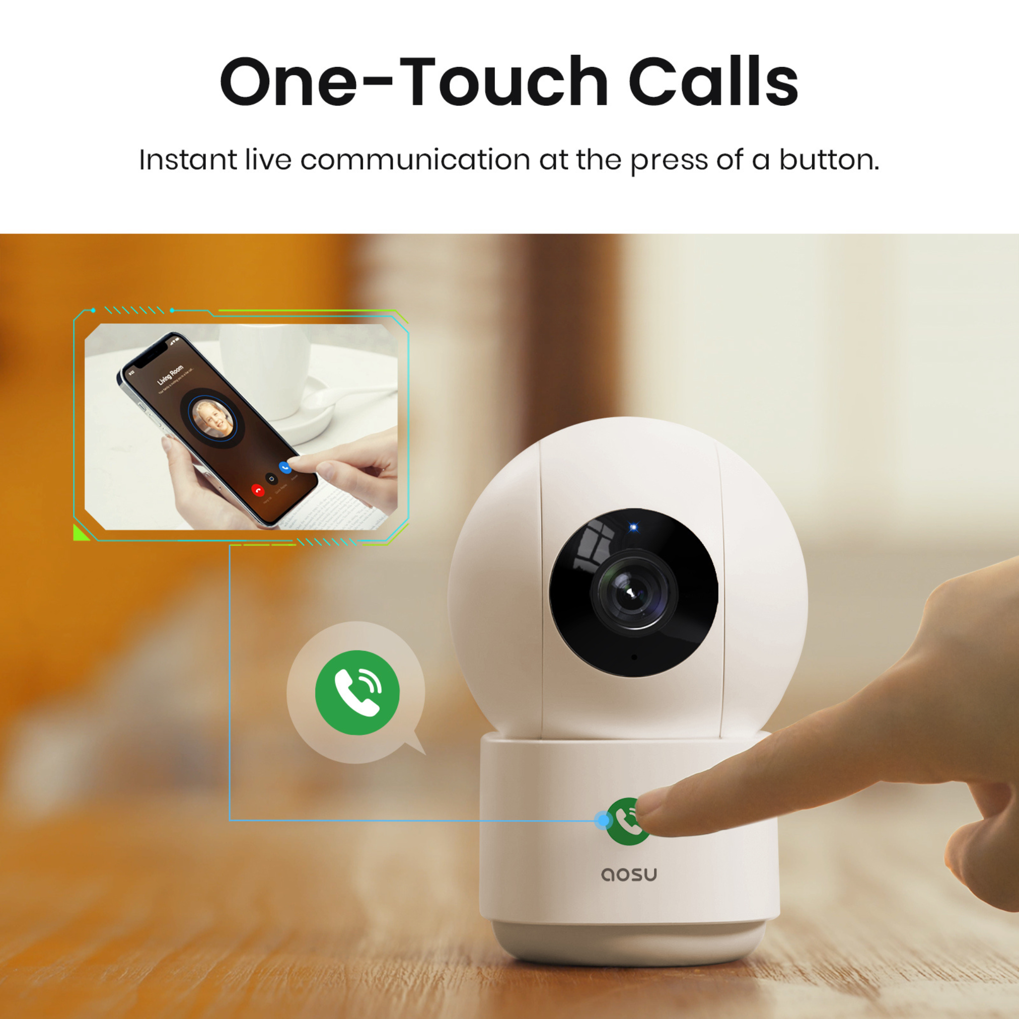 Een witte camera heeft een vinger die op een knop met een telefoonpictogram drukt. Een telefoonscherm toont een videogesprek.