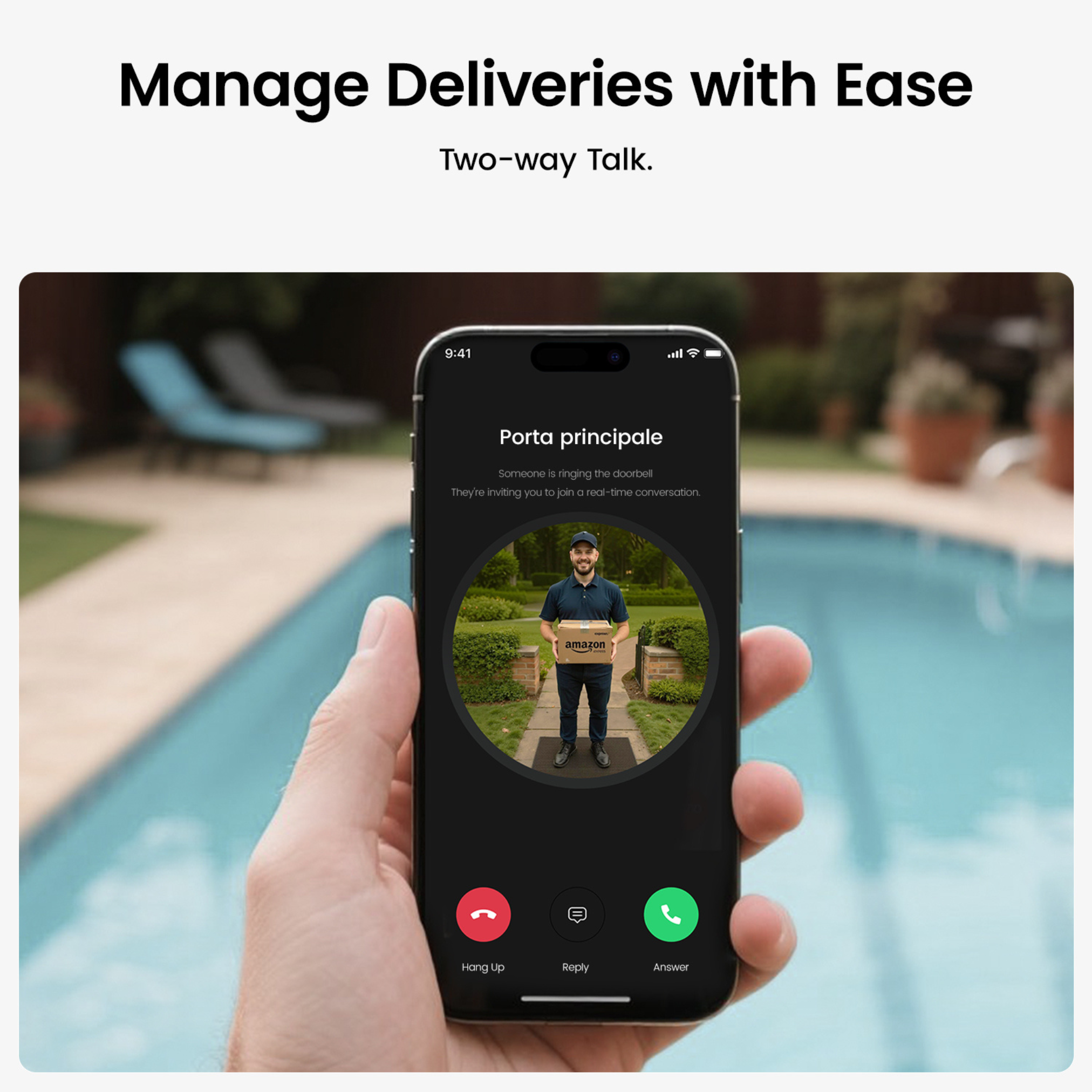 A phone displays a doorbell notification with an Amazon delivery person. Options include hang up, reply, and answer.