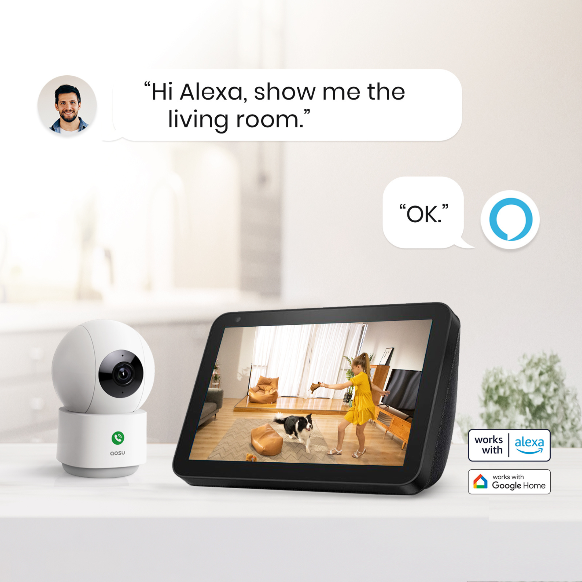 Afbeelding toont een Alexa-apparaat dat een woonkamer weergeeft. Een camera en een sprekende persoon worden ook getoond.