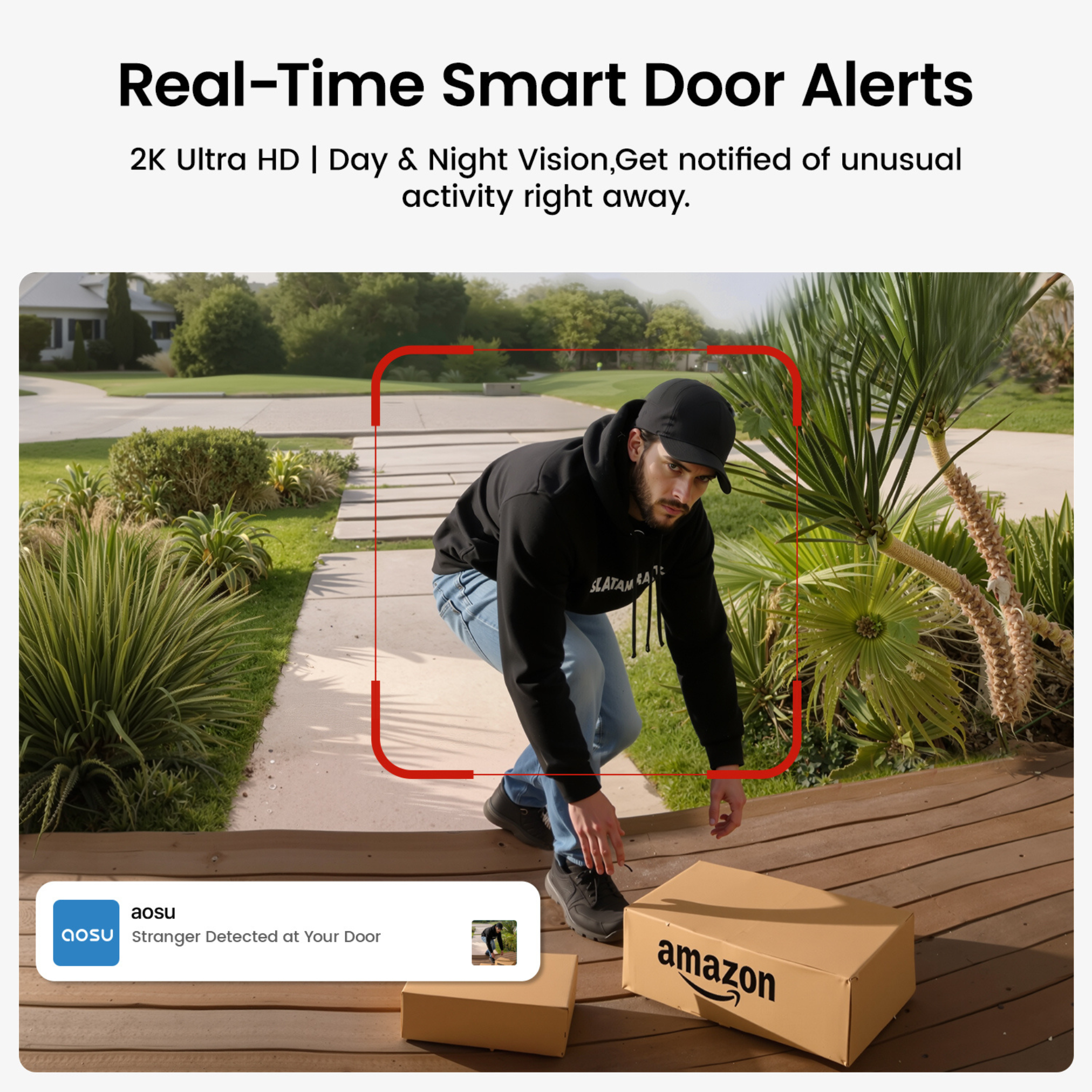A man in black hoodie and jeans picking up an Amazon box. A smart door alert is shown.