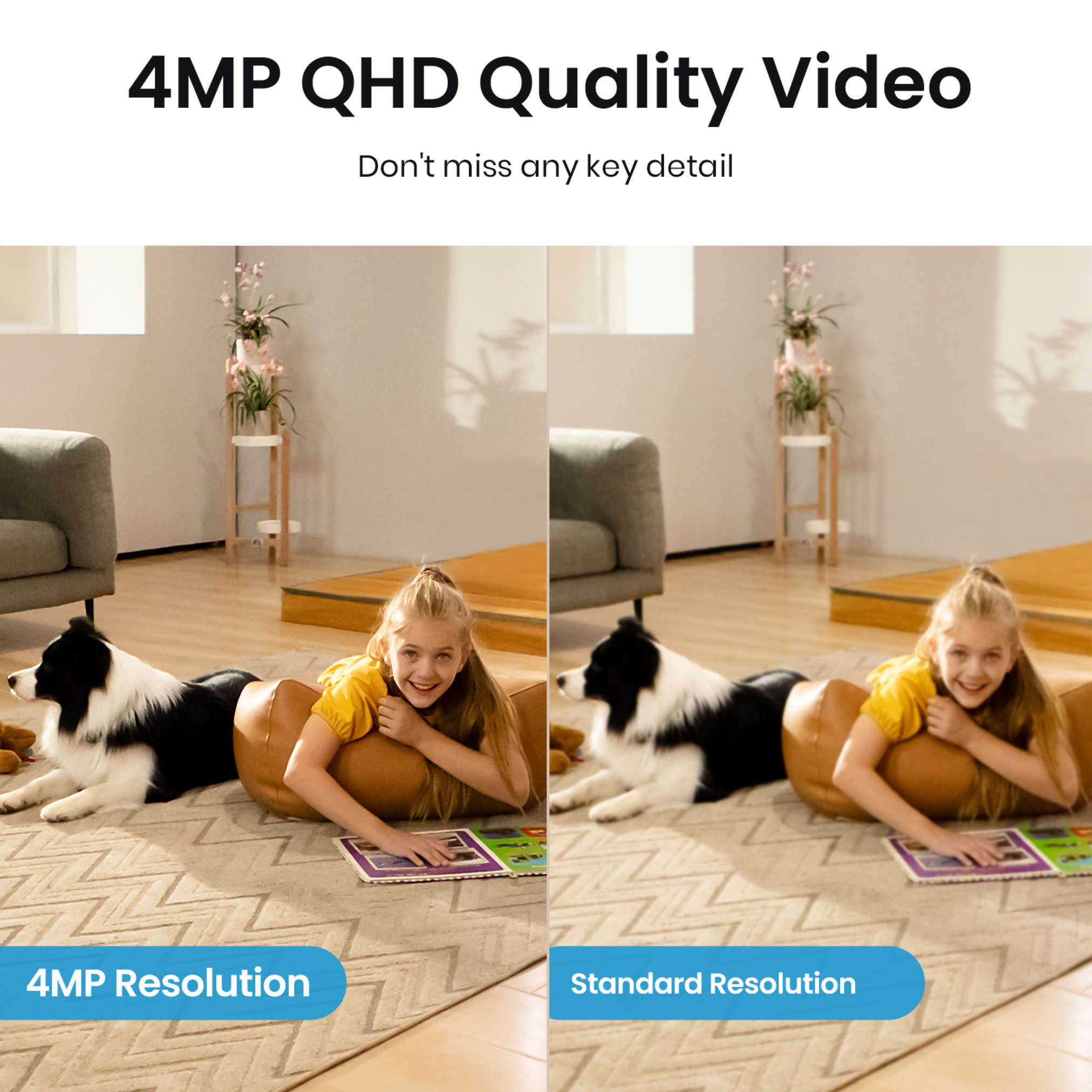 Een meisje, een hond en een boek op een vloerkleed. Het meisje lacht. De hond is zwart en wit. De tekst zegt 4MP QHD Quality Video.
