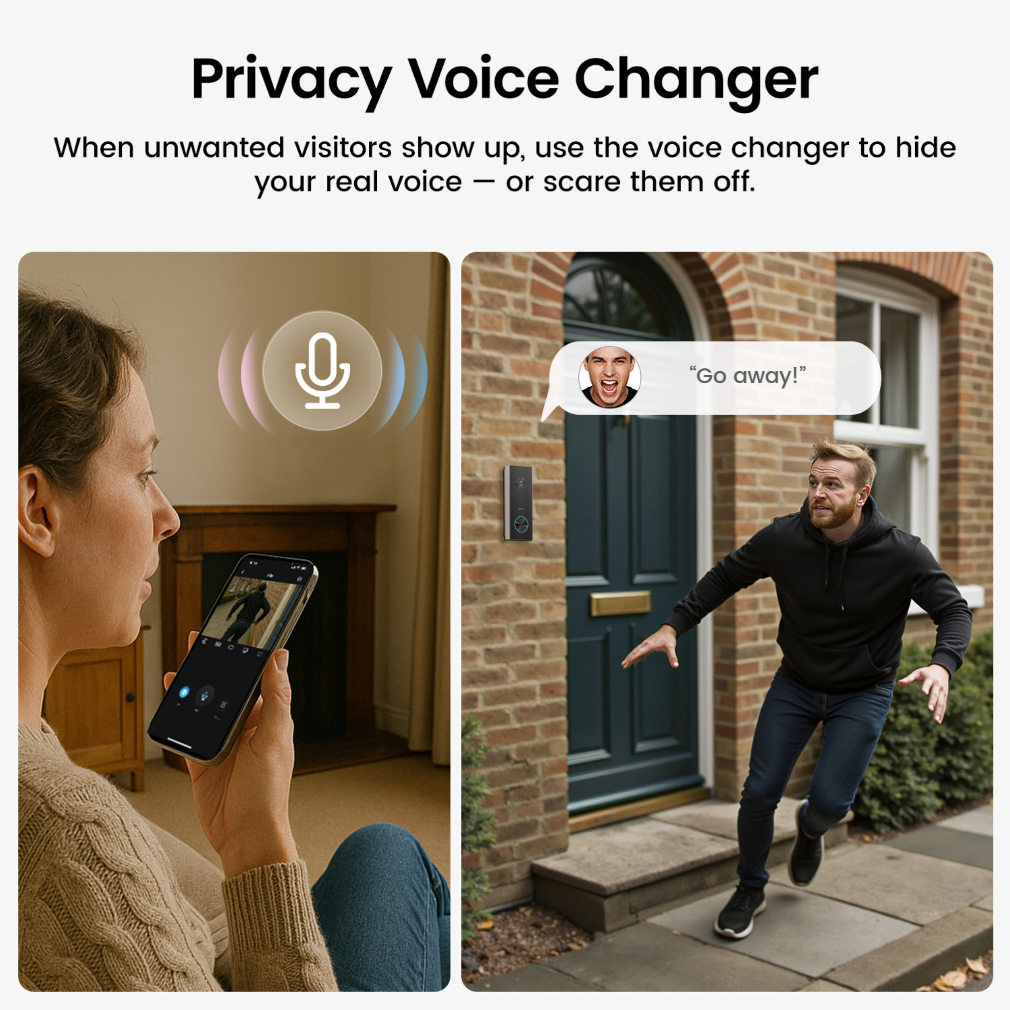Image shows a woman using her phone, and a man running away from a door, with a speech bubble saying 'Go away!'