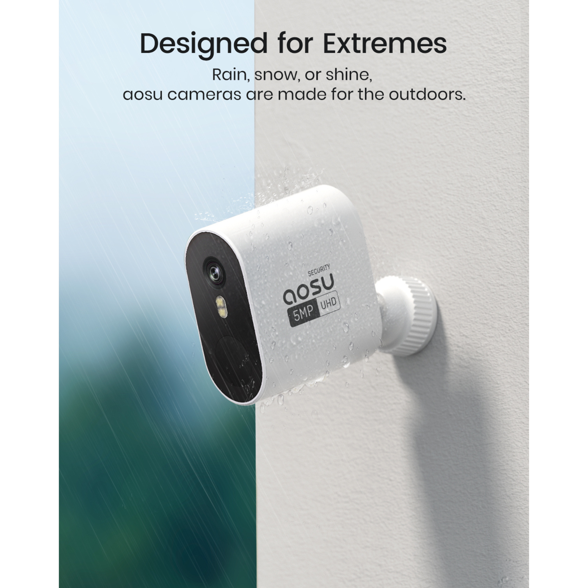Witte beveiligingscamera op een muur. Het regent. Tekst: 'Designed for Extremes' en 'aosu cameras'.