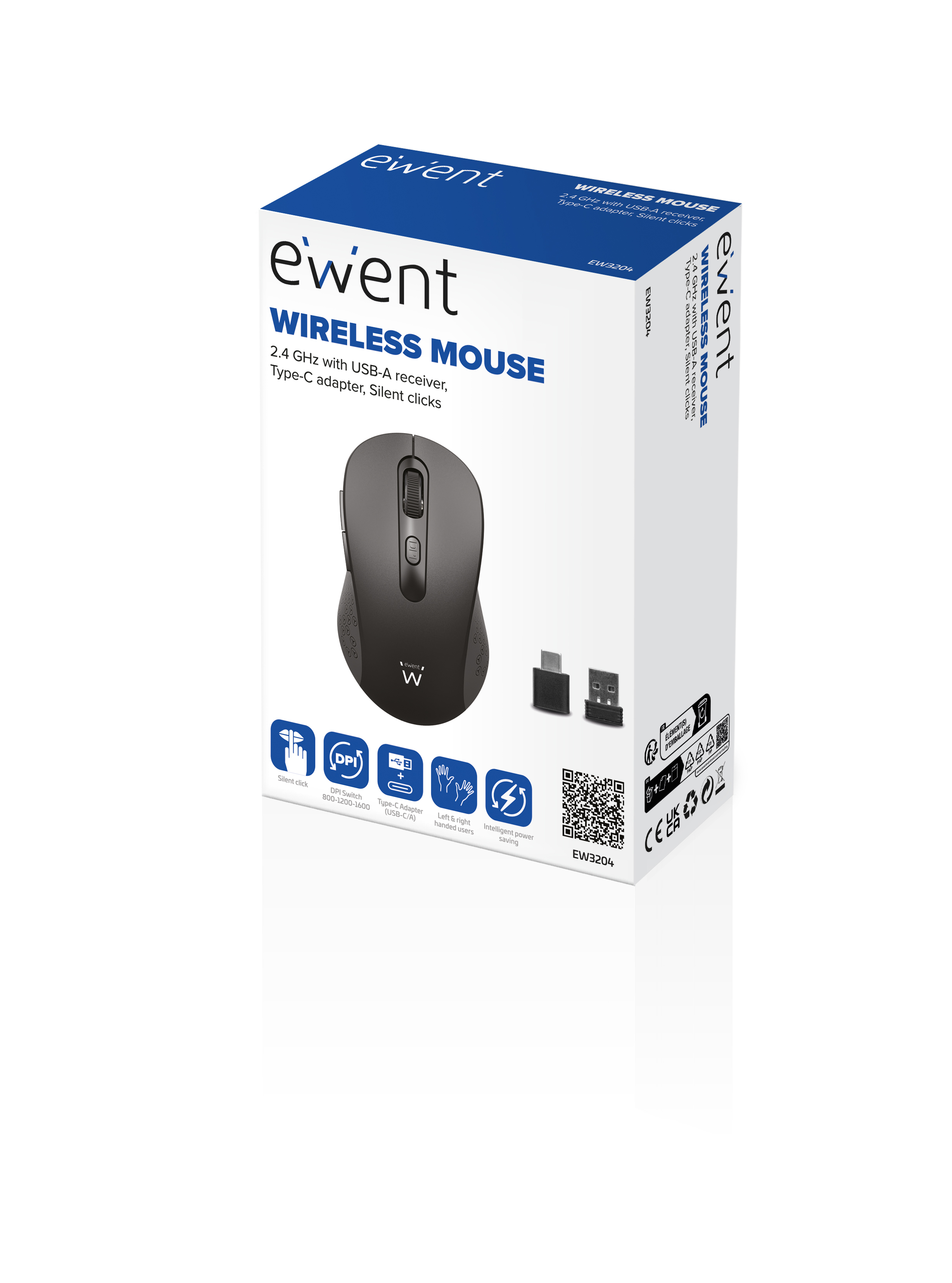 Una scatola per mouse wireless con il mouse all'interno. È nera e ha il nome del marchio sulla scatola.