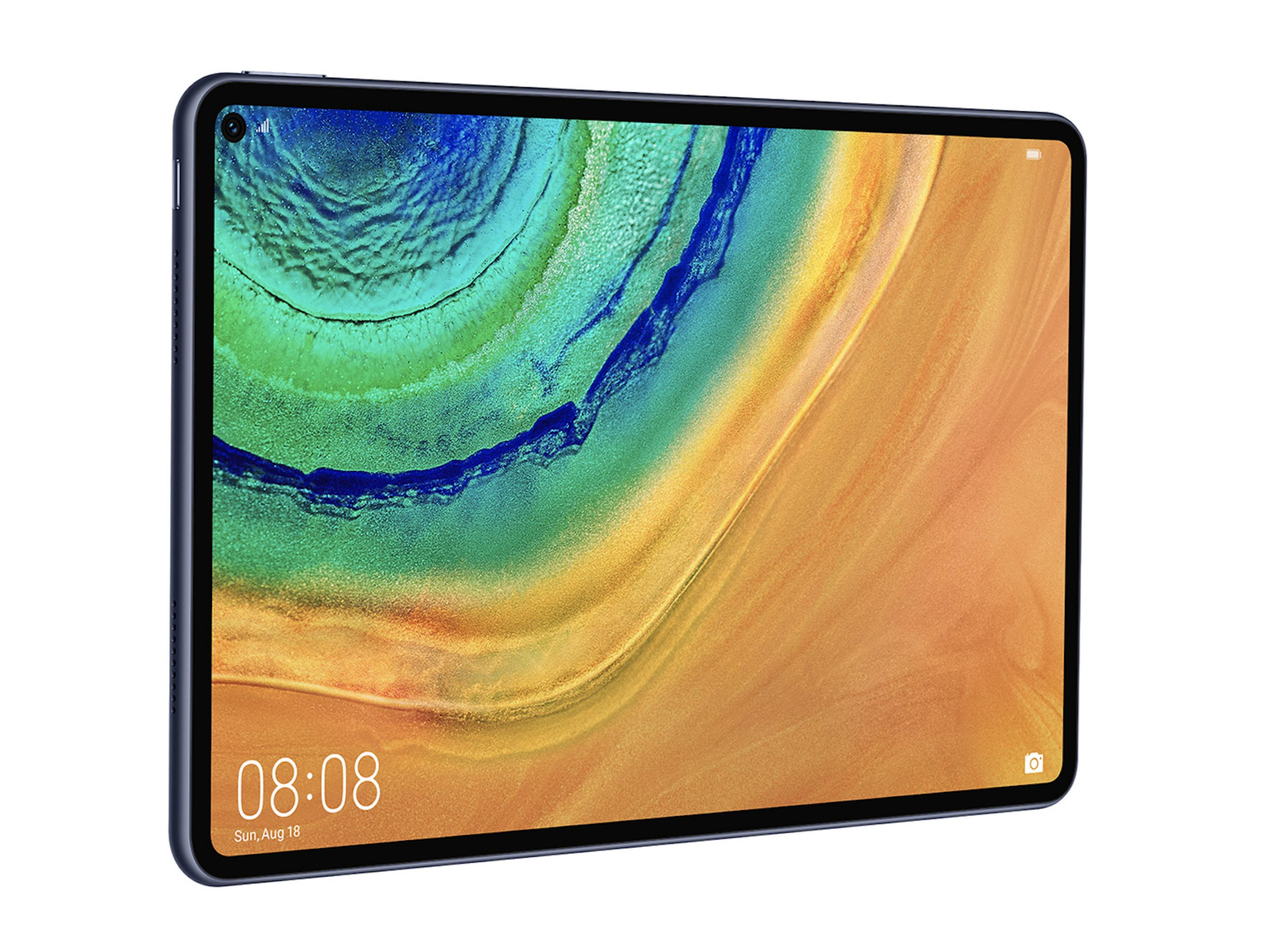Renkli soyut bir arka plana sahip bir tablet. Ekran saat ve tarihi gösteriyor. Tablet, yuvarlak köşeli siyah renktedir.