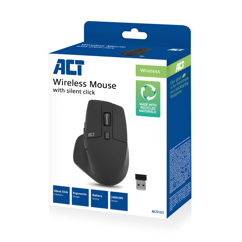 A box with a black wireless mouse. The box is white and blue, with the brand name 'ACT'. Contains a USB receiver.