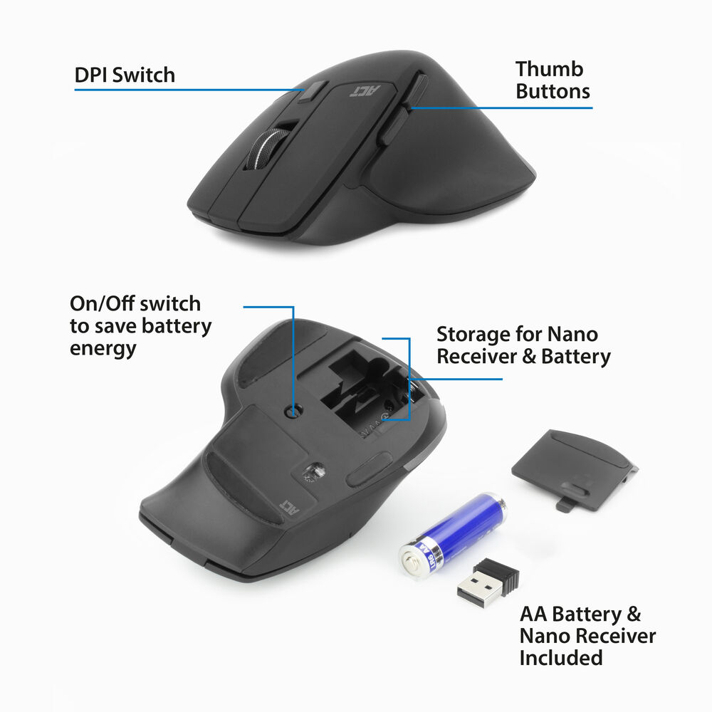 Black wireless mouse with DPI switch, thumb buttons, and an on/off switch. Includes AA battery, nano receiver, and battery storage.