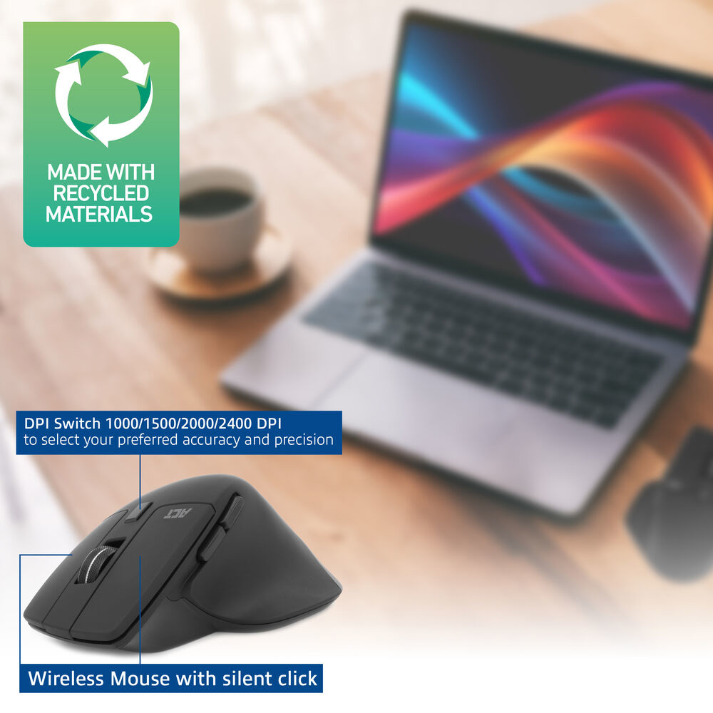 A black wireless mouse, a laptop, and a coffee cup are on a wooden table. Text says 'Made with recycled materials'.