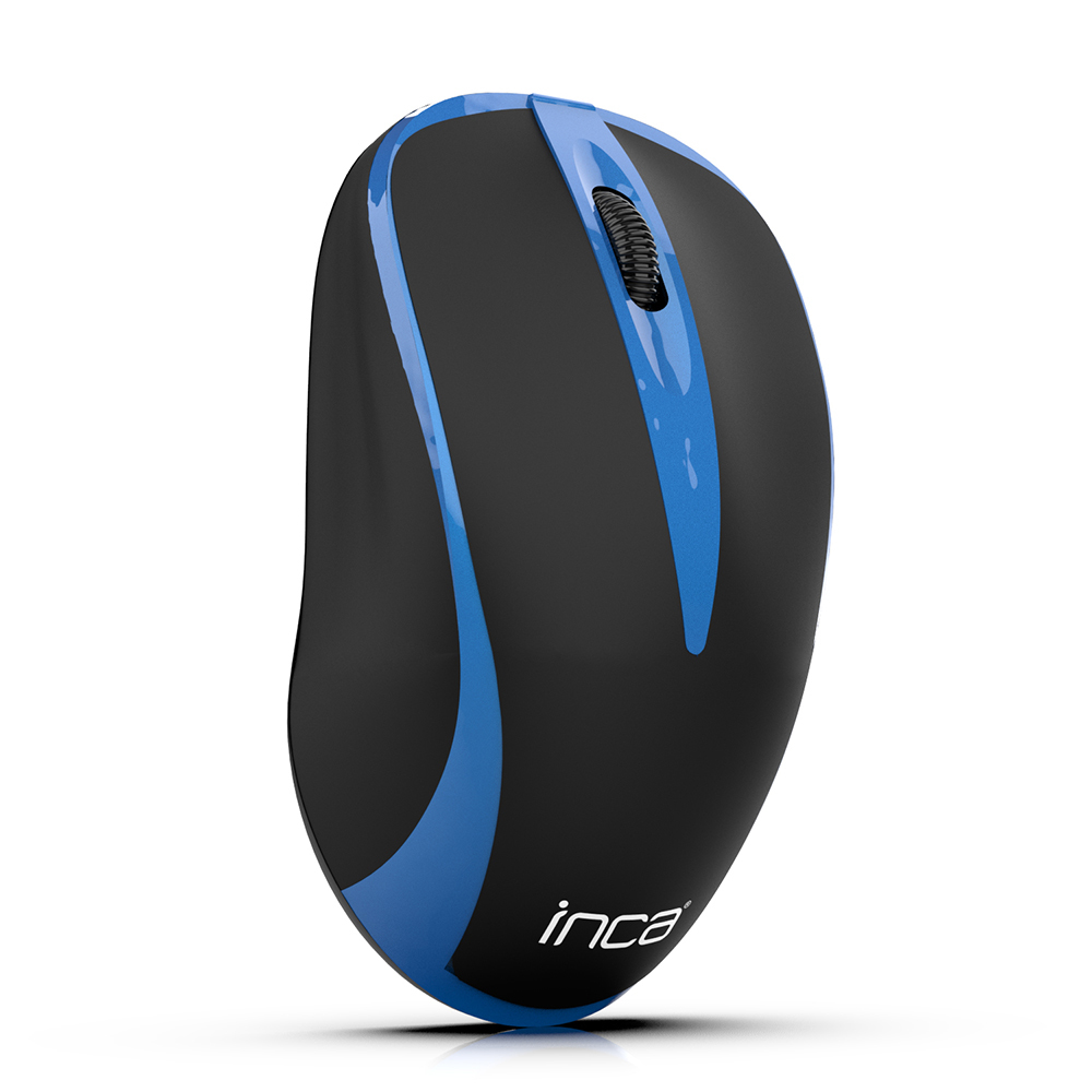 Eine schwarze und blaue drahtlose Computermaus. Die Maus hat ein Scrollrad und der Markenname 'inca' ist sichtbar.
