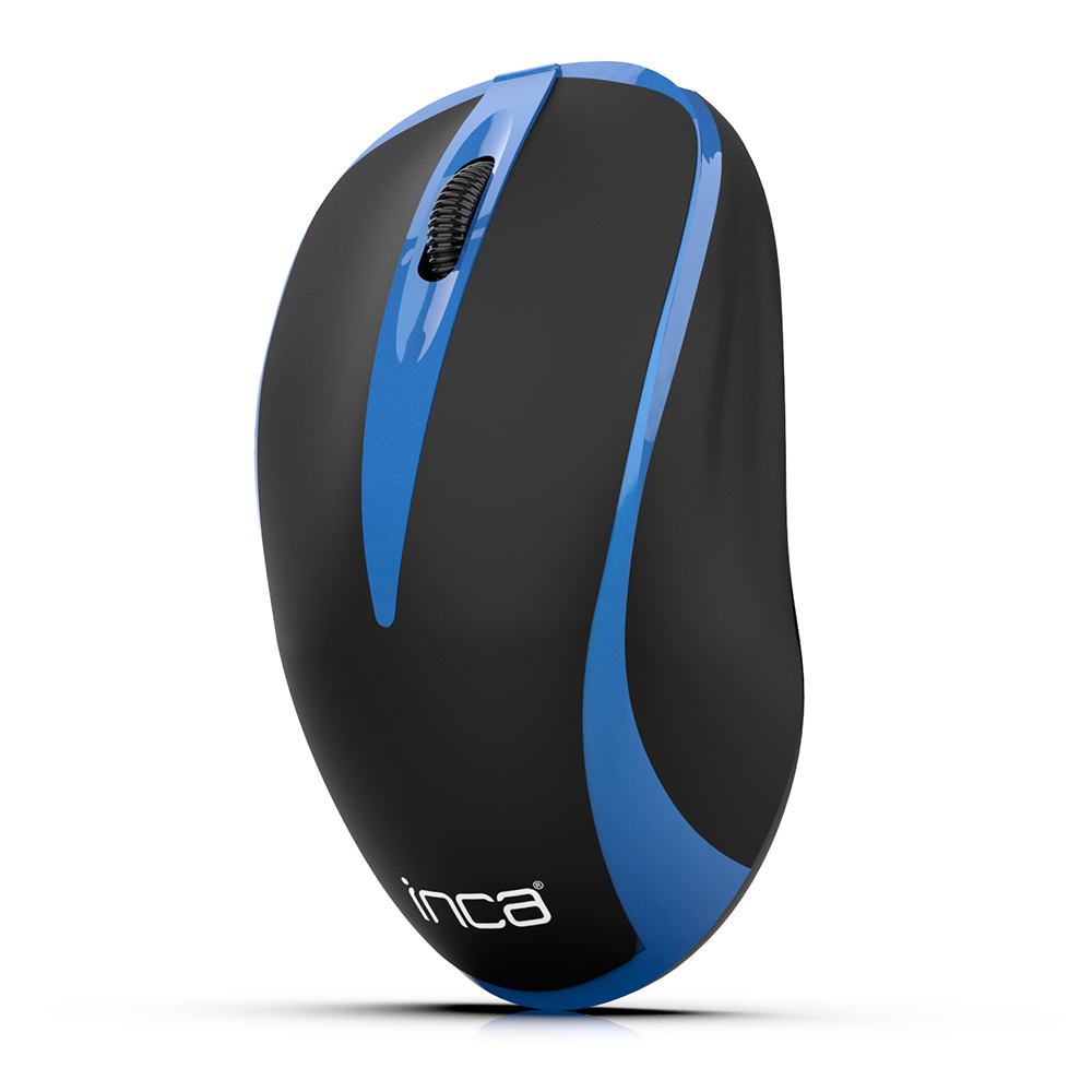 Eine schwarz-blaue Computermaus mit der Marke 'inca'. Die Maus hat ein Scrollrad und befindet sich auf weißem Hintergrund.
