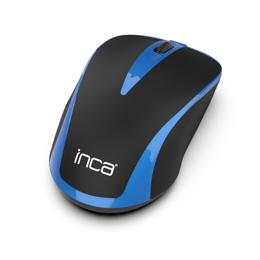 Eine schwarz-blaue kabellose Maus mit dem Markennamen 'inca'. Die Maus hat ein Scrollrad und befindet sich auf weißem Hintergrund.