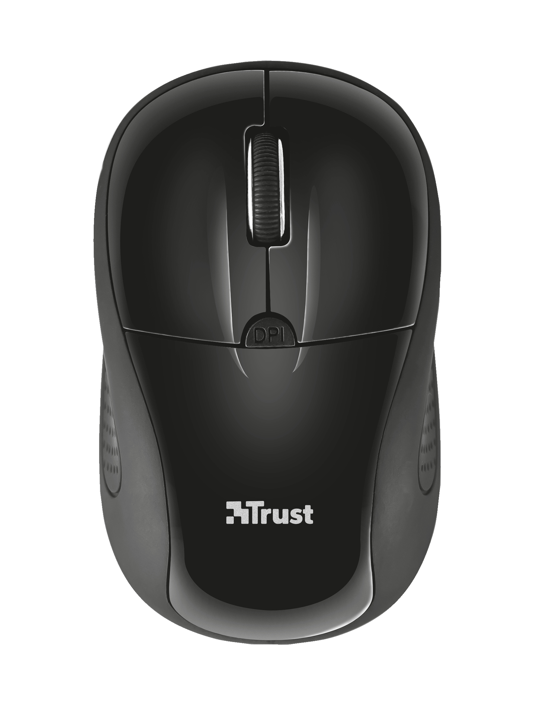 Czarna mysz komputerowa z kółkiem przewijania i logo Trust na białym tle.