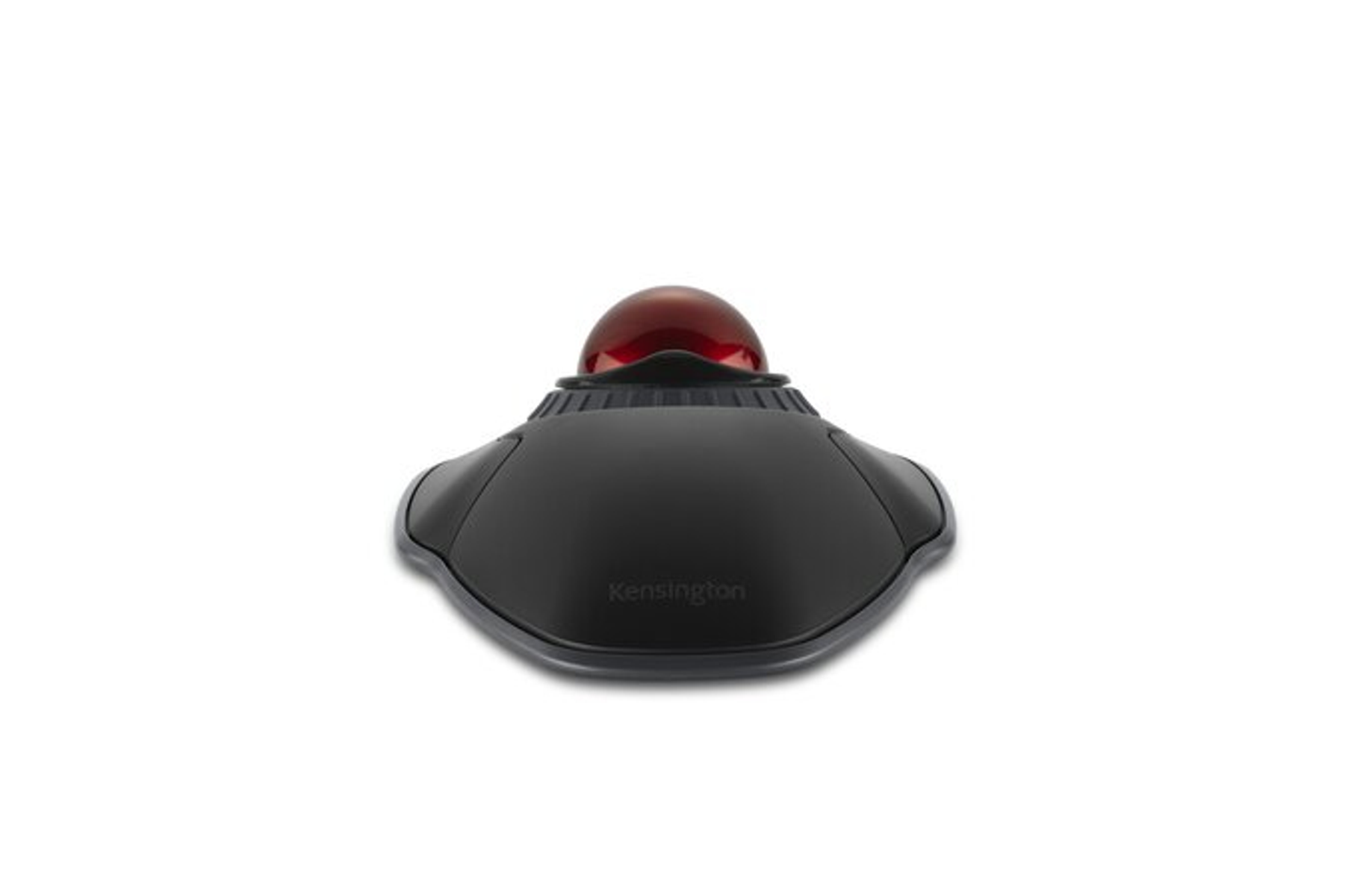 Un mouse trackball Kensington nero con una sfera rossa in cima. Lo sfondo è bianco.