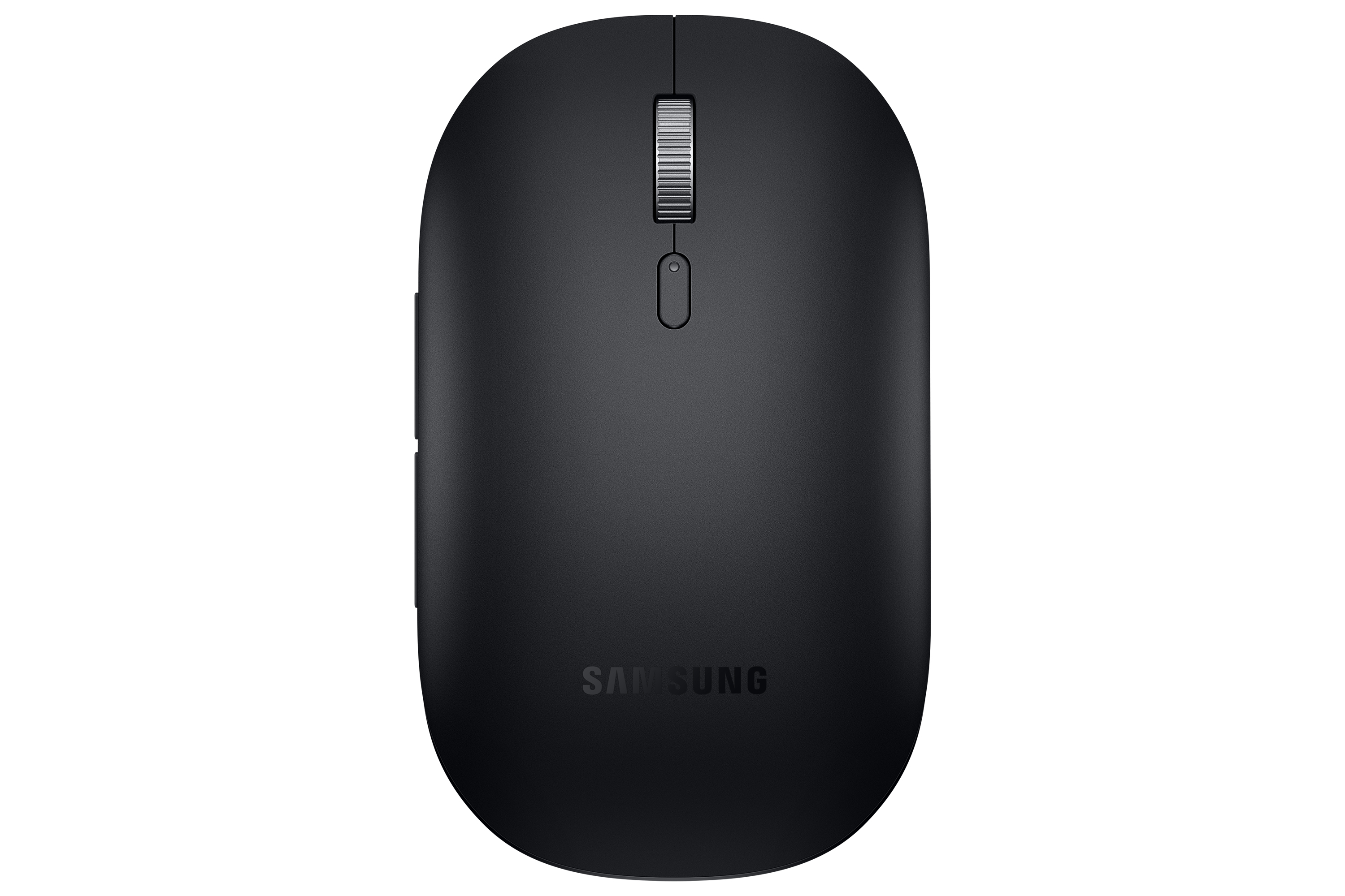 Czarna bezprzewodowa mysz Samsung na białym tle. Ma kółko przewijania i przycisk.
