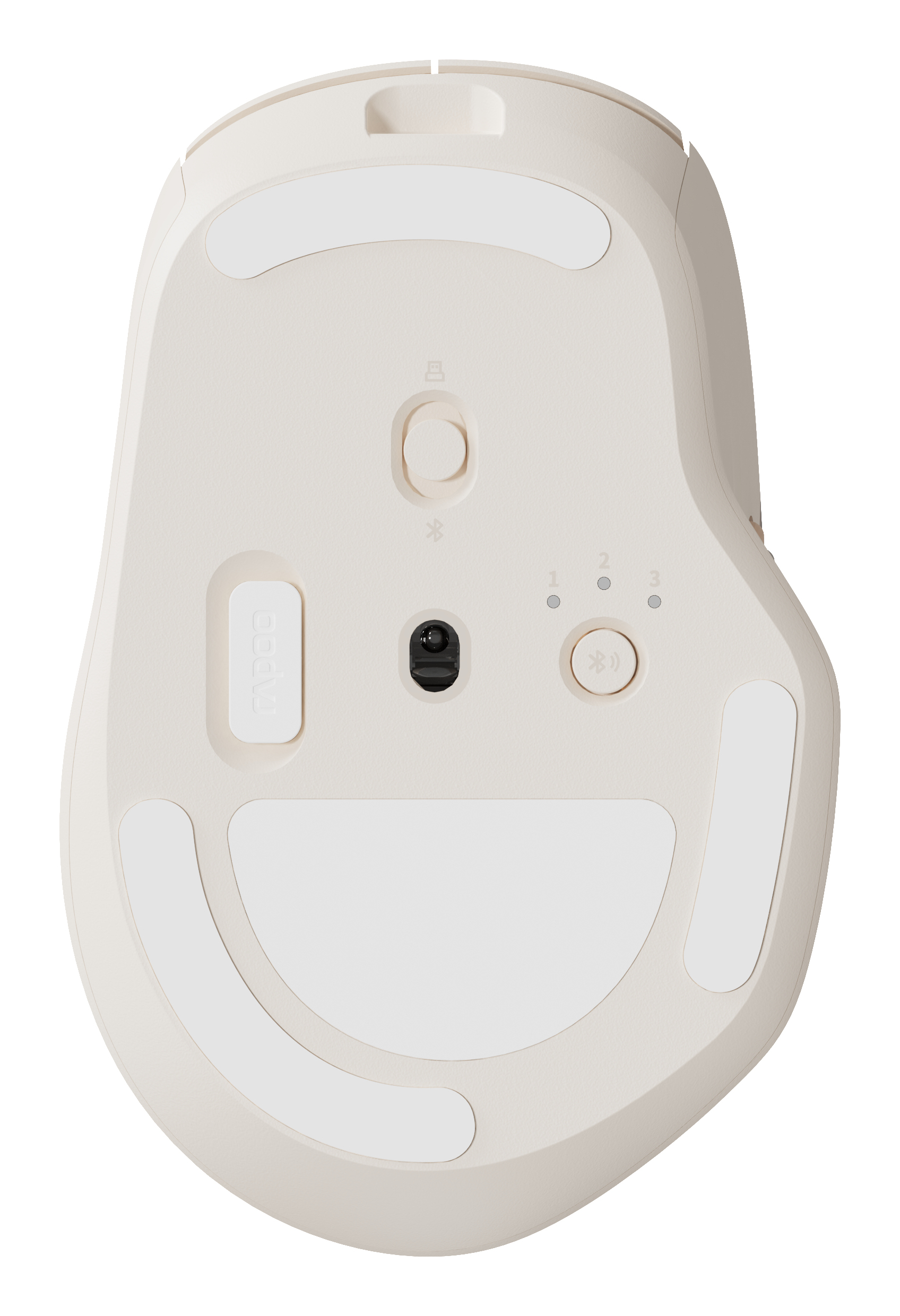 Il lato inferiore di un mouse per computer color crema, con cuscinetti bianchi e diversi pulsanti.