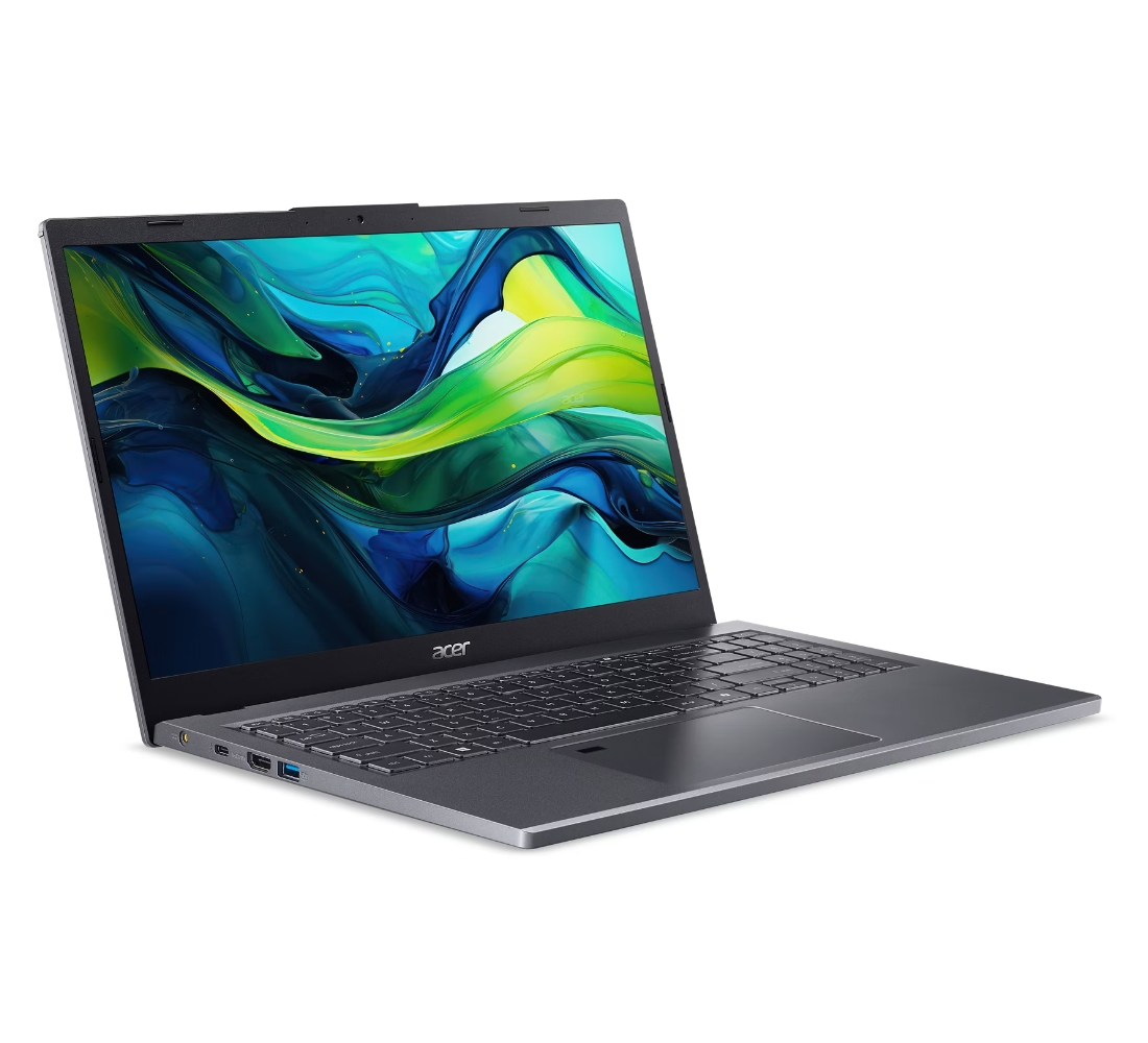 Un laptop Acer grigio è aperto. Lo schermo mostra un'immagine astratta colorata. La tastiera e il touchpad sono visibili.