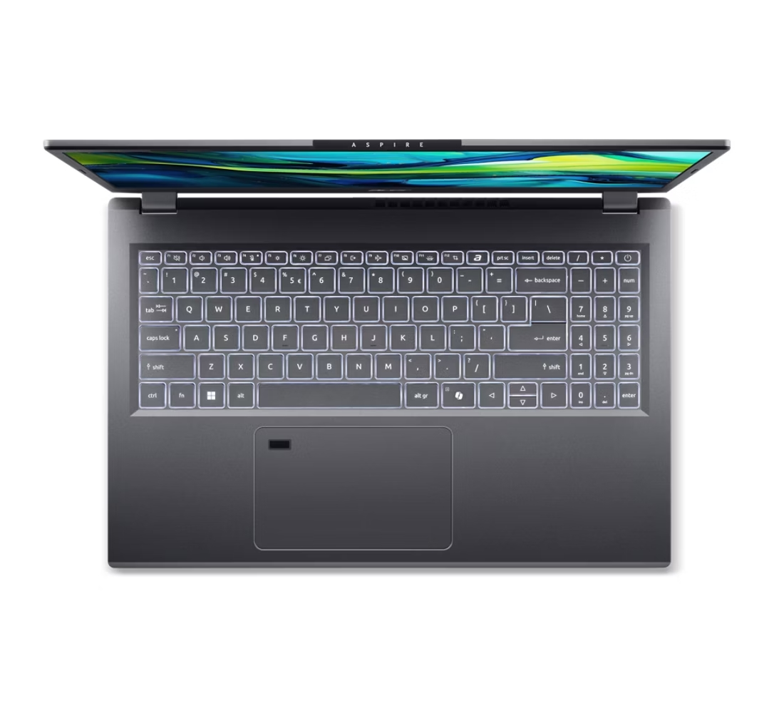 Un laptop grigio è aperto, mostrando la tastiera e lo schermo. Lo schermo mostra un'immagine colorata. La tastiera è illuminata.