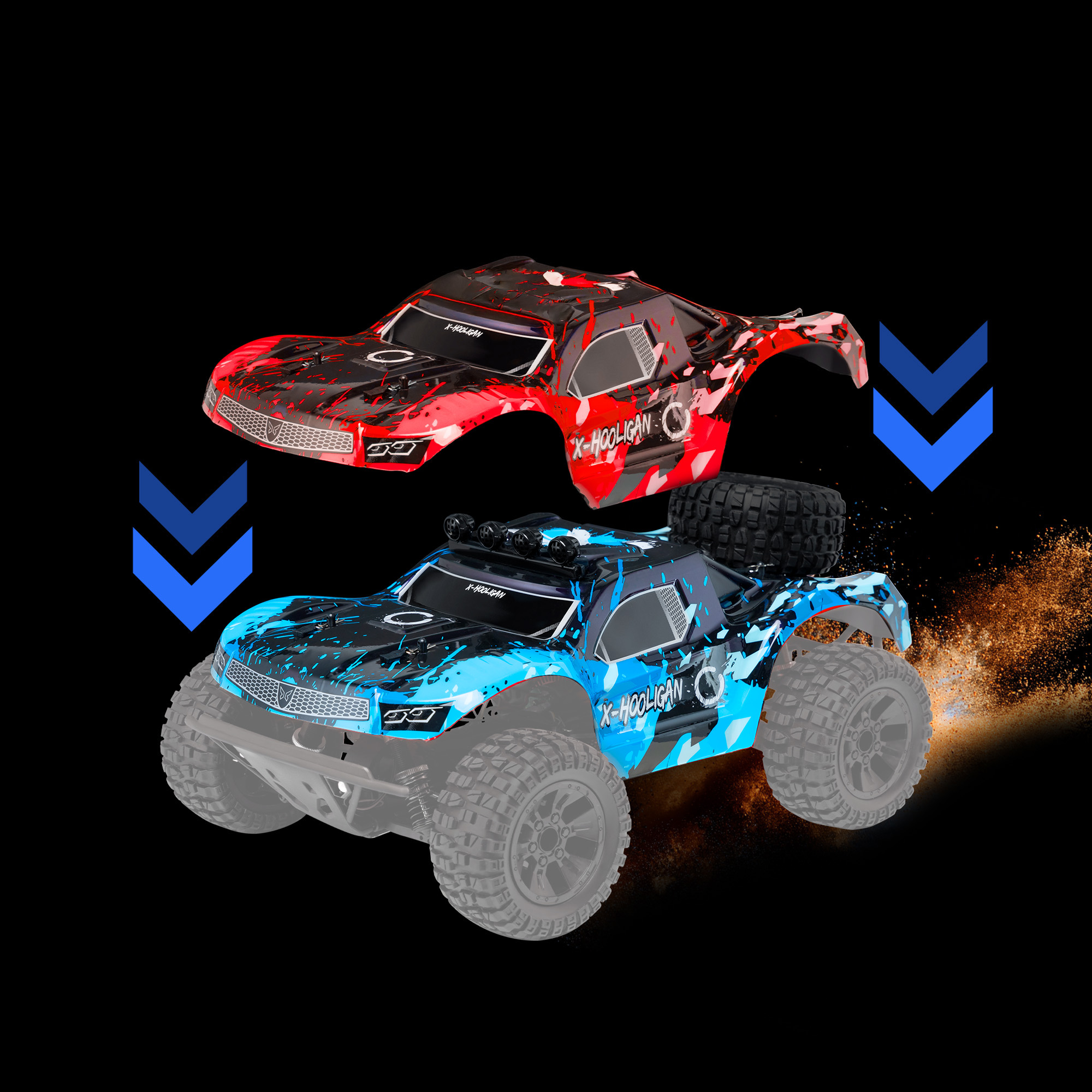 Das Bild zeigt zwei Spielzeugautos, rot und blau, mit Pfeilen, die die Montage anzeigen. Staubeffekt auf schwarzem Hintergrund.