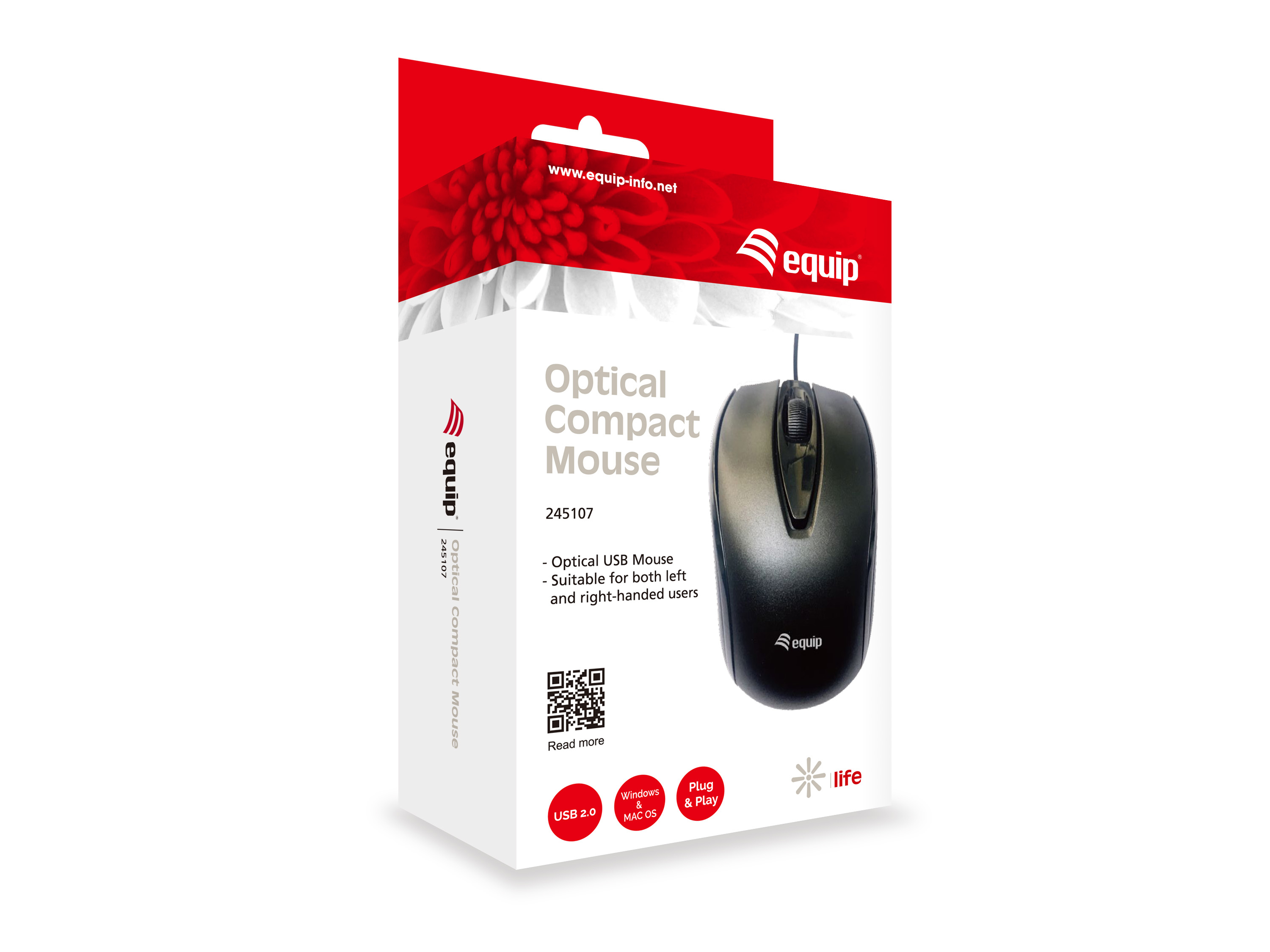 Souris optique noire emballée. La boîte est blanche avec des accents rouges. Le texte est 'Optical Compact Mouse'.
